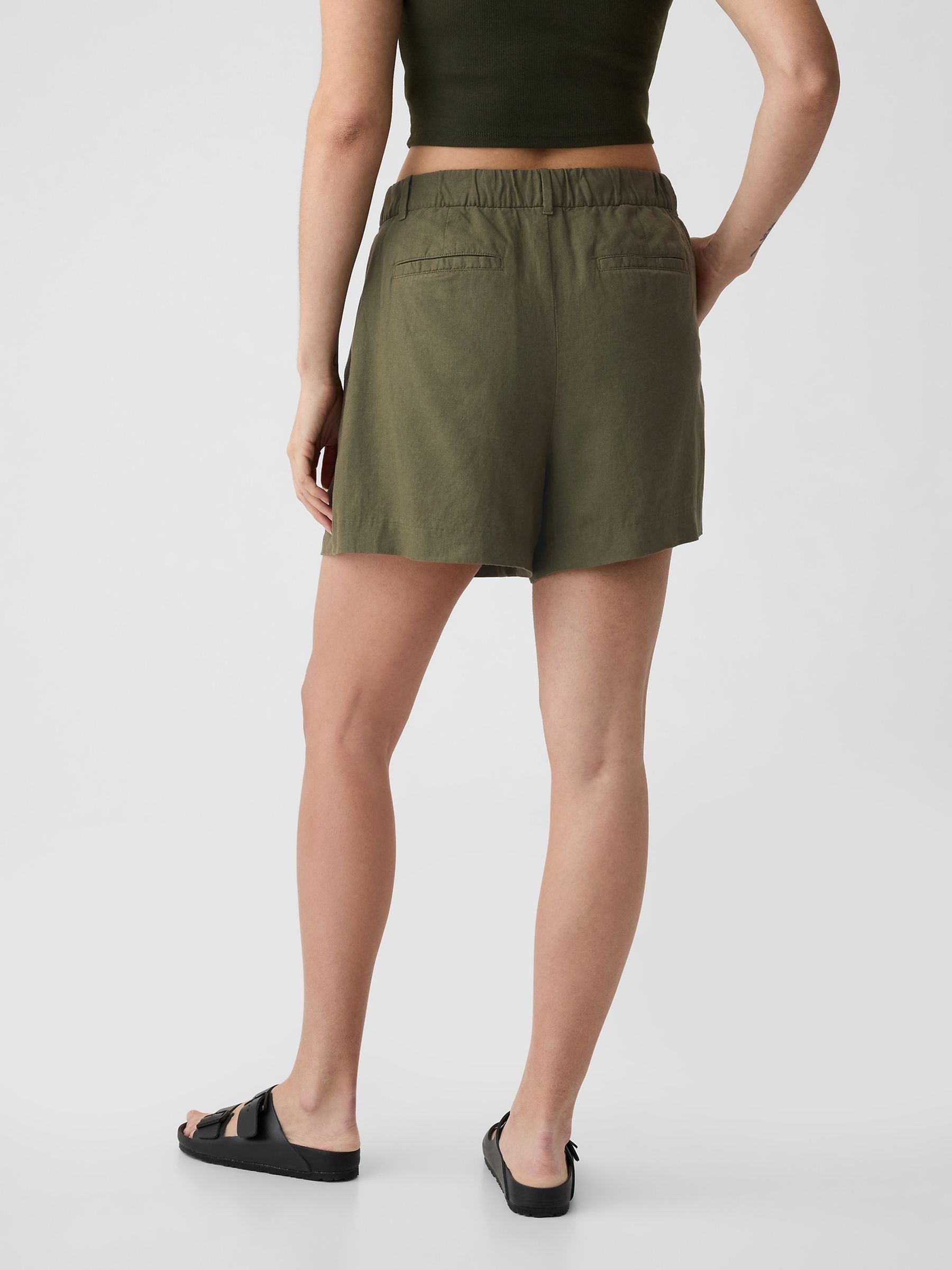 Khaki Green 4" Linen Cotton Everyday Shorts - Image 2 of 6