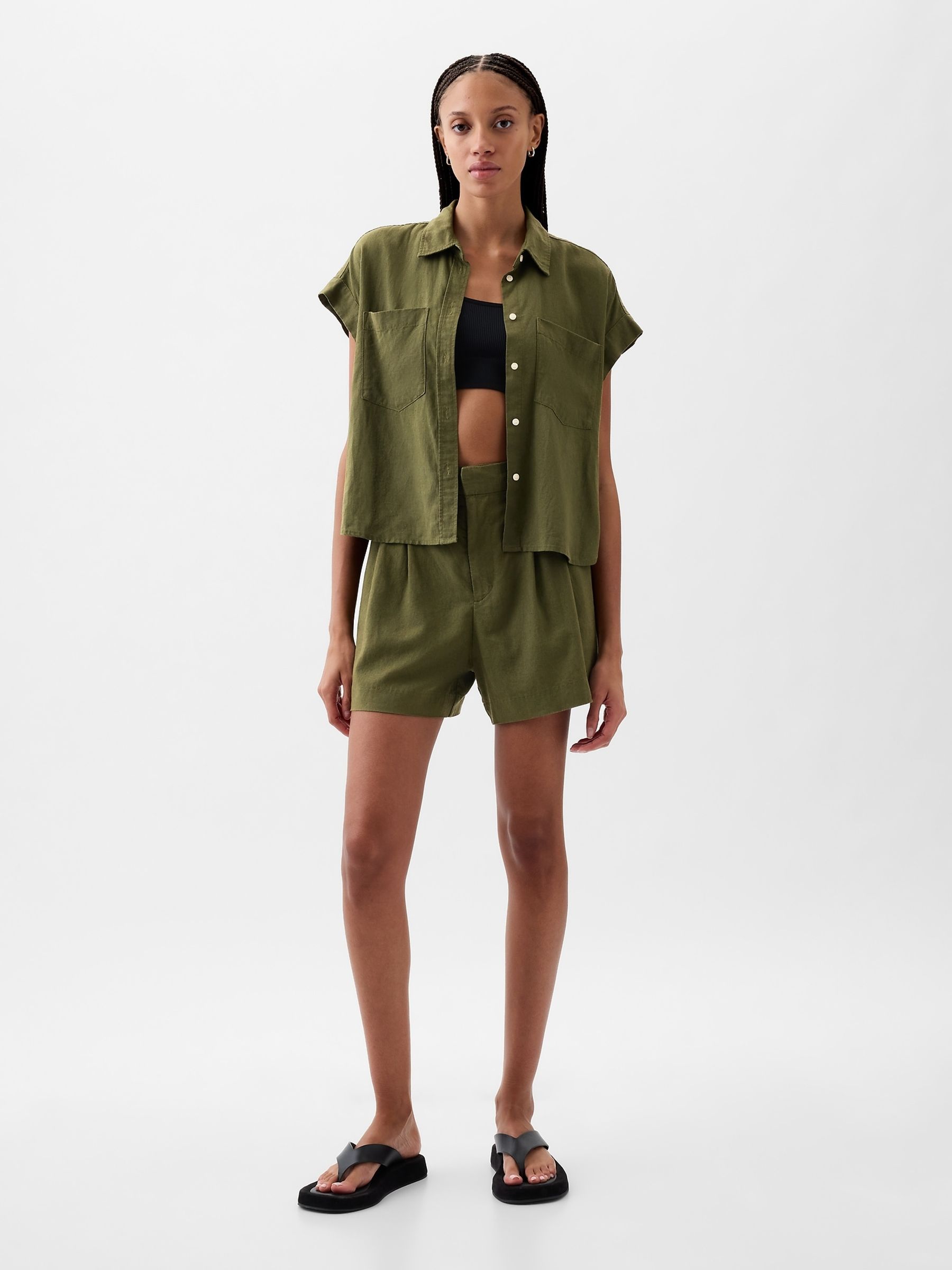 Khaki Green 4" Linen Cotton Everyday Shorts - Image 4 of 6