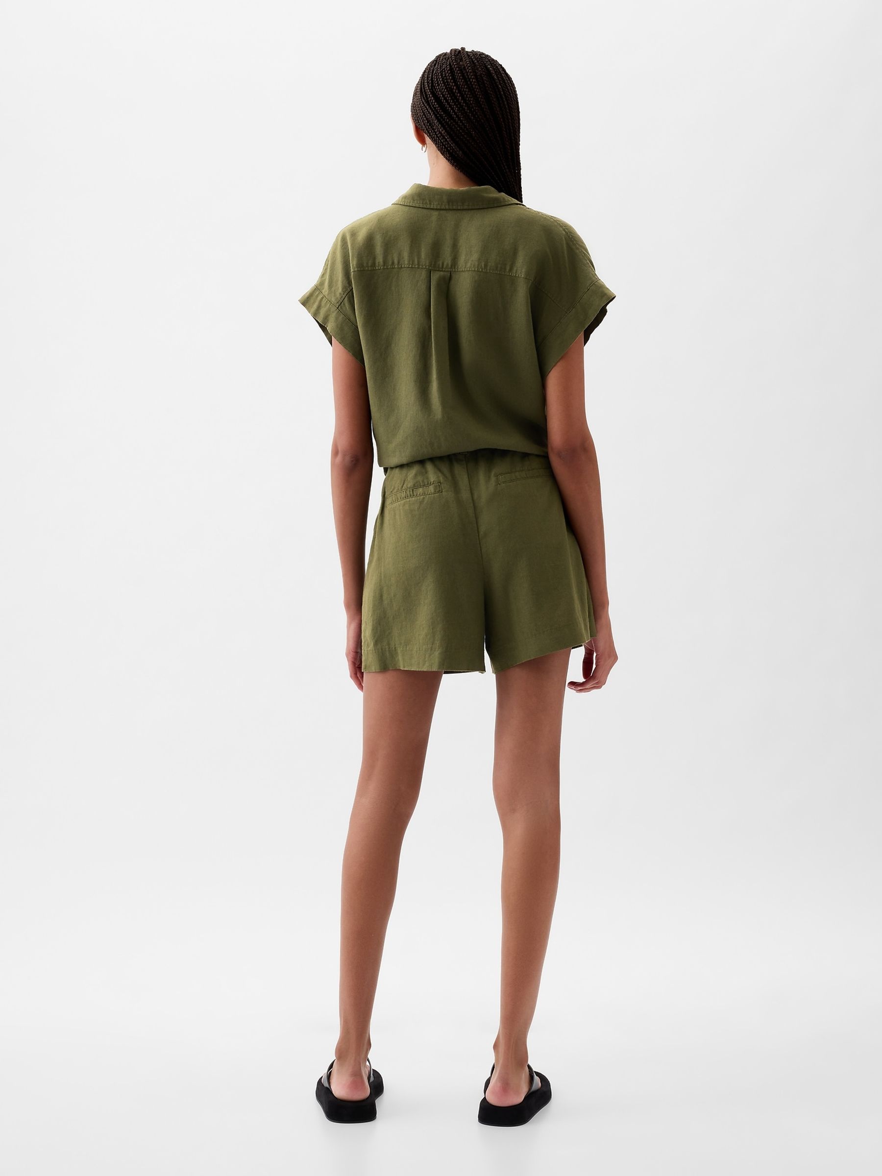 Khaki Green 4" Linen Cotton Everyday Shorts - Image 5 of 6