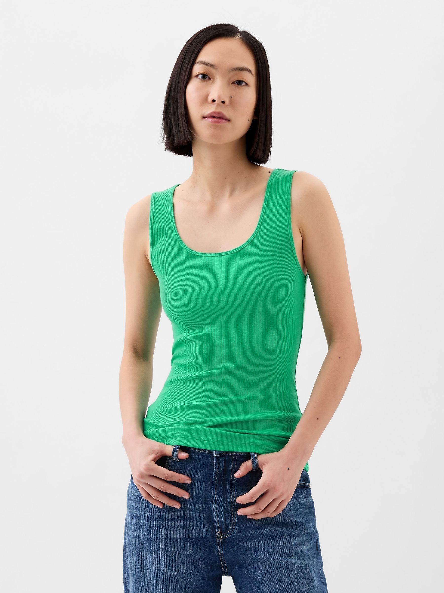 Green Ribbed Scoop Neck Vest - Image 1 of 2