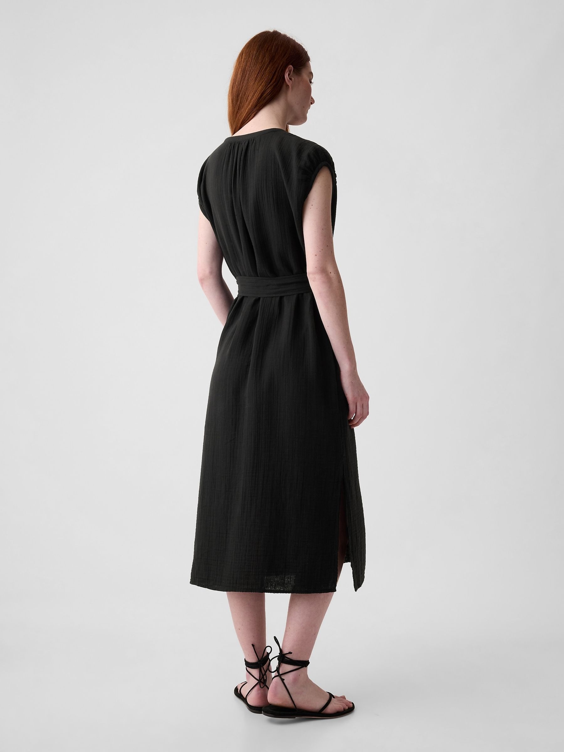 Black Crinkle Cotton Belted Midi Shirt Dress - Image 2 of 3