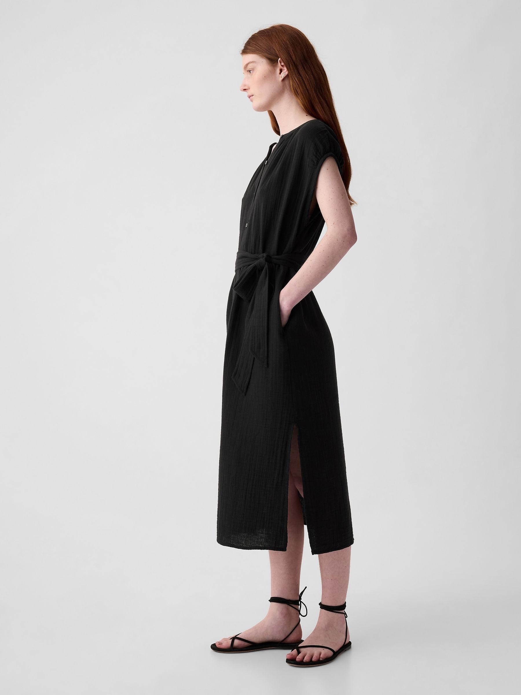 Black Crinkle Cotton Belted Midi Shirt Dress - Image 3 of 3