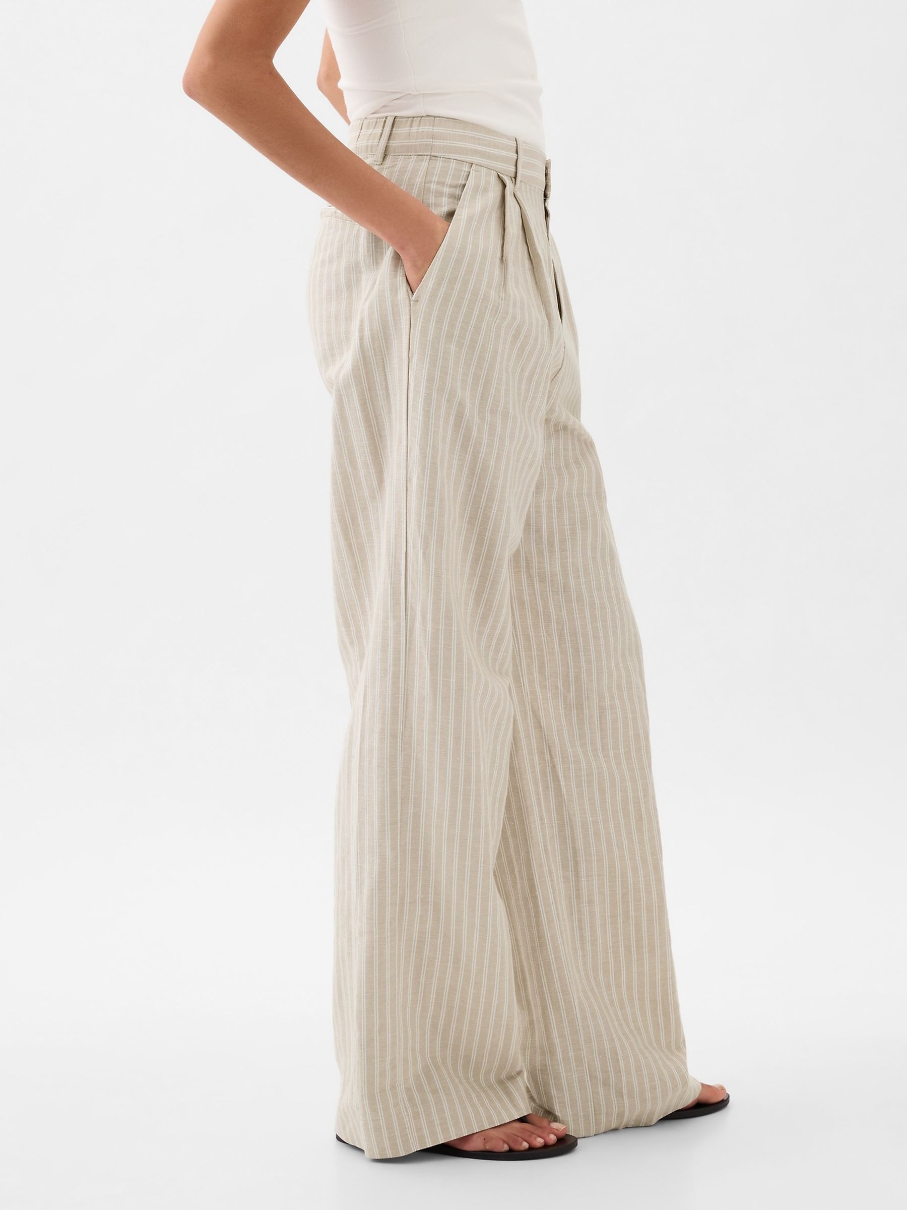 Cream Stripe High Waisted Linen Cotton Trousers - Image 4 of 6