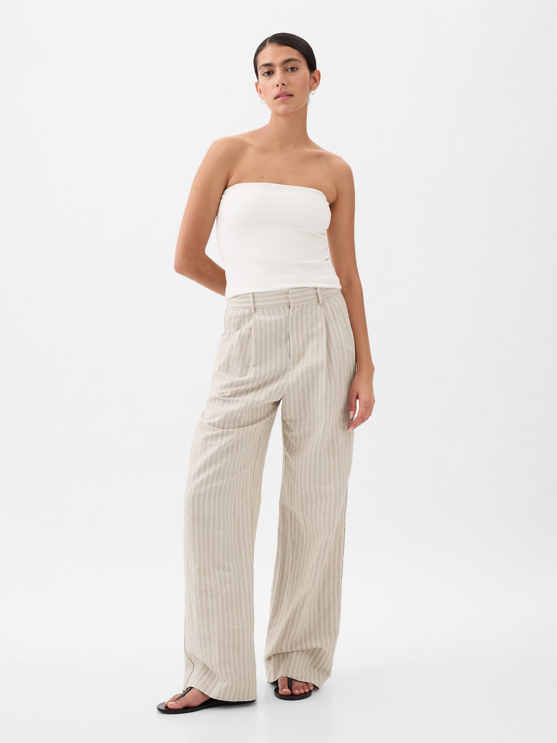Cream Stripe High Waisted Linen Cotton Trousers - Image 5 of 6