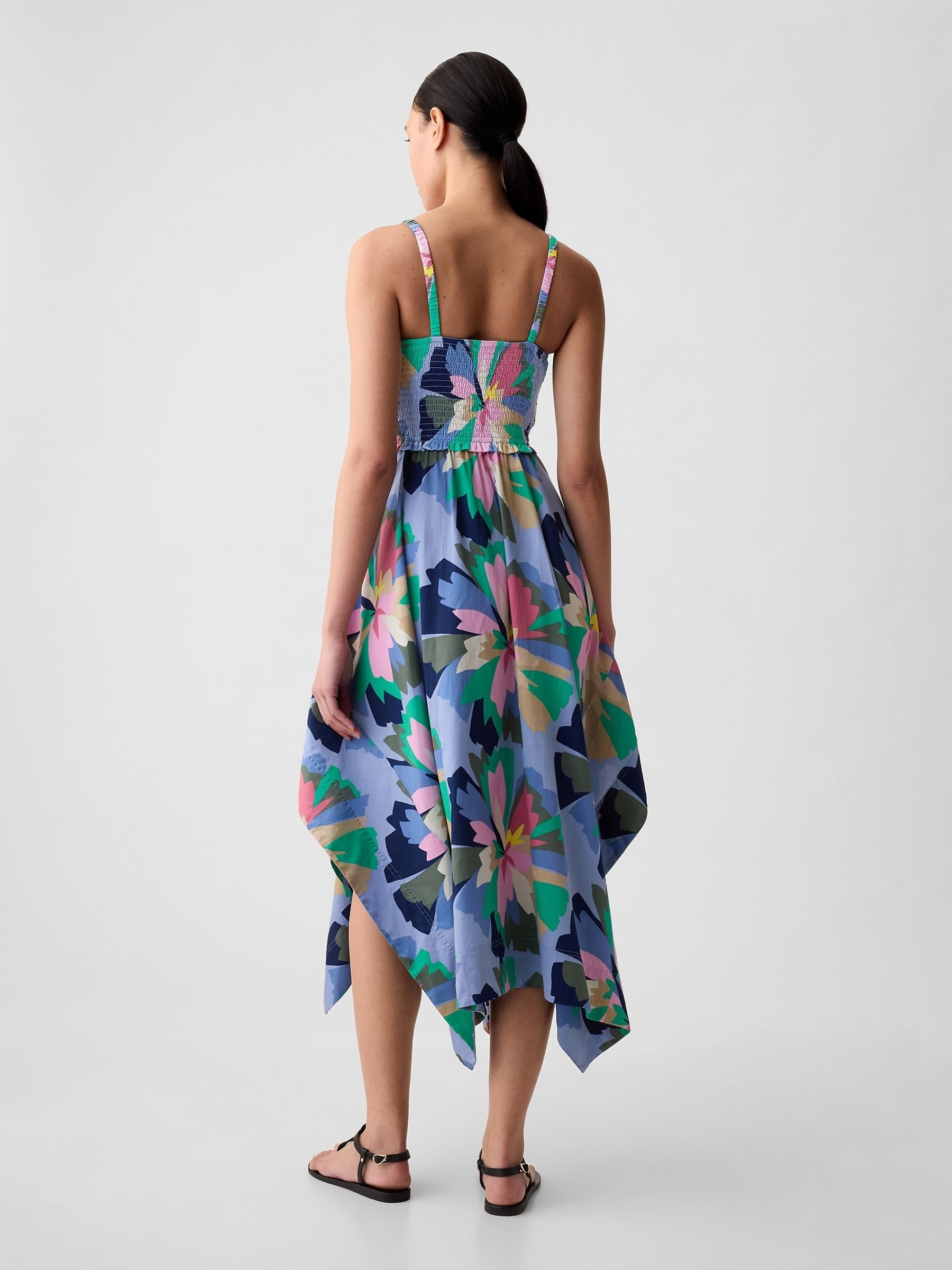 Blue Cotton Smocked Handkerchief Hem Midi Dress - Image 2 of 4