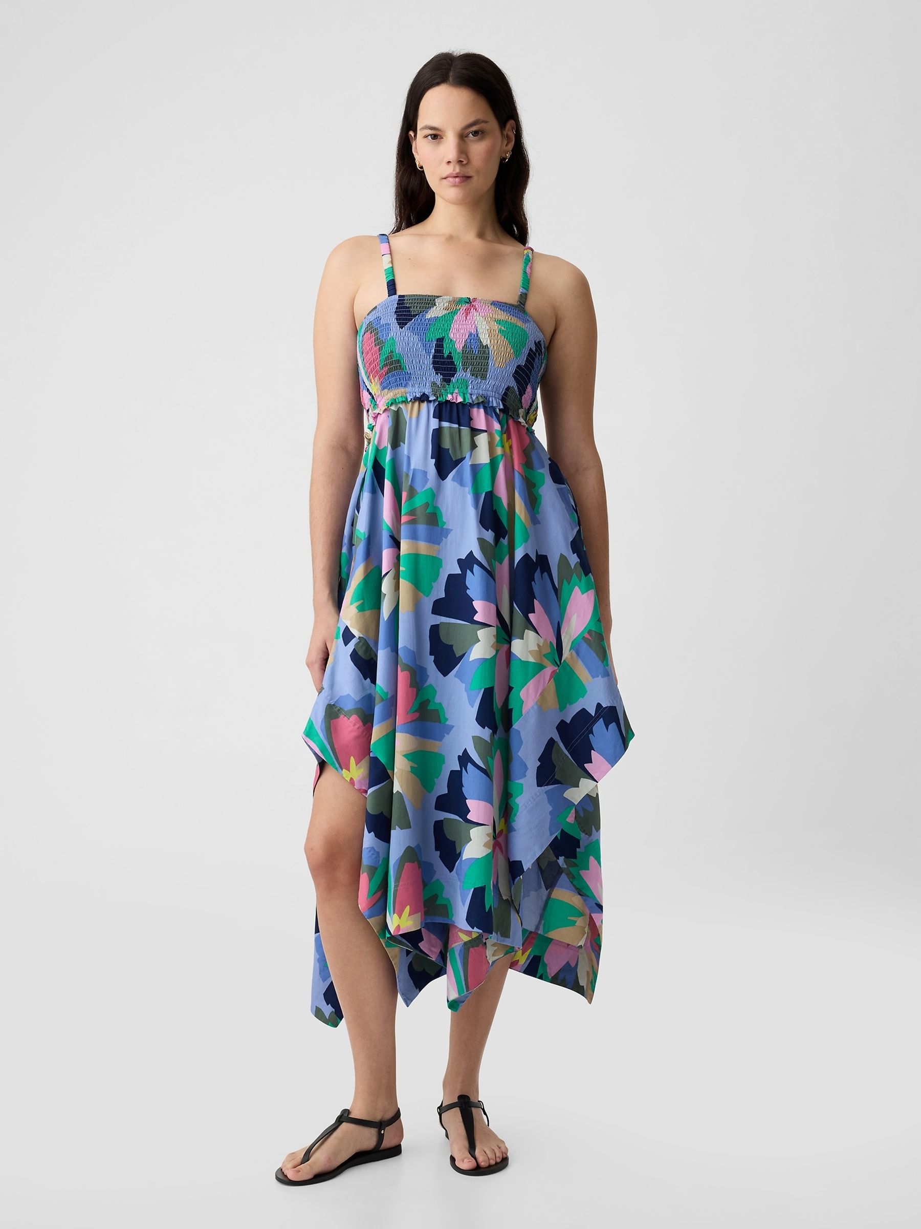 Blue Cotton Smocked Handkerchief Hem Midi Dress - Image 3 of 4