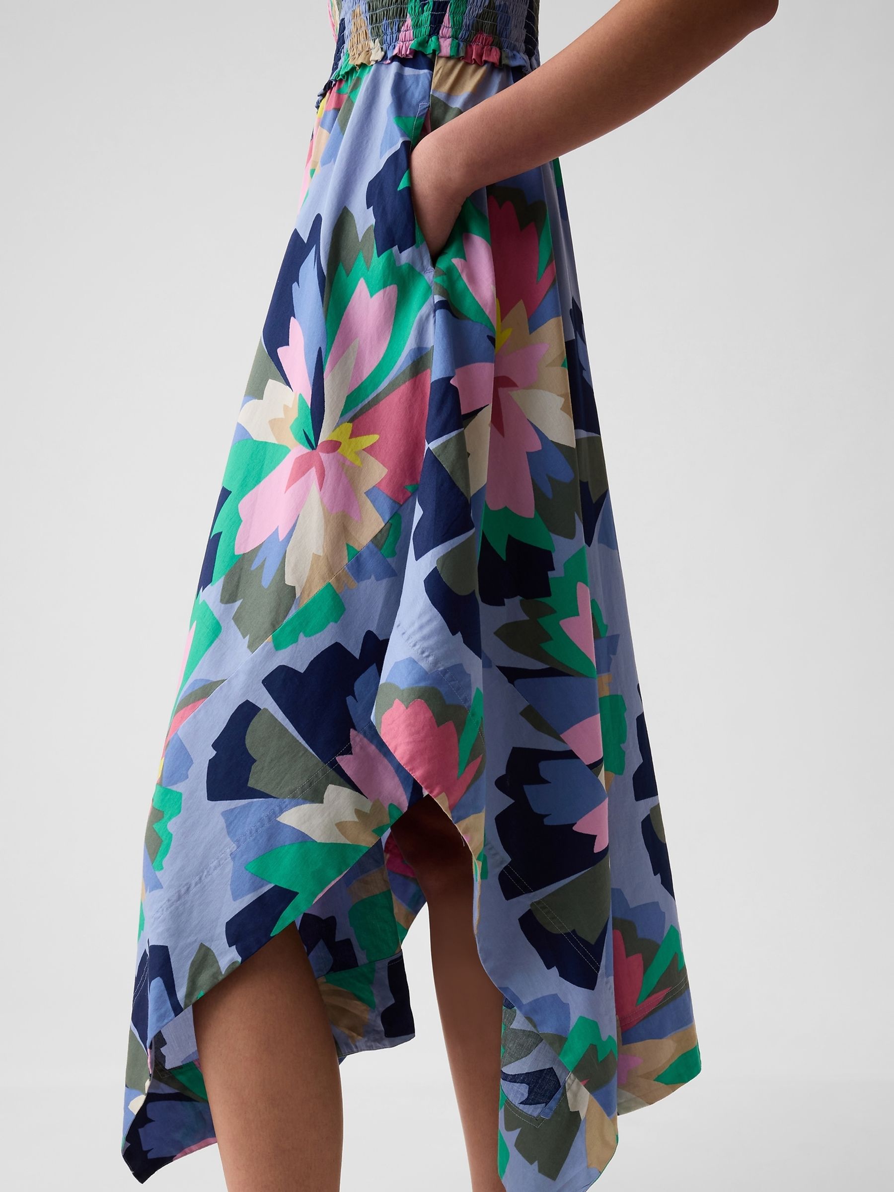 Blue Cotton Smocked Handkerchief Hem Midi Dress - Image 4 of 4