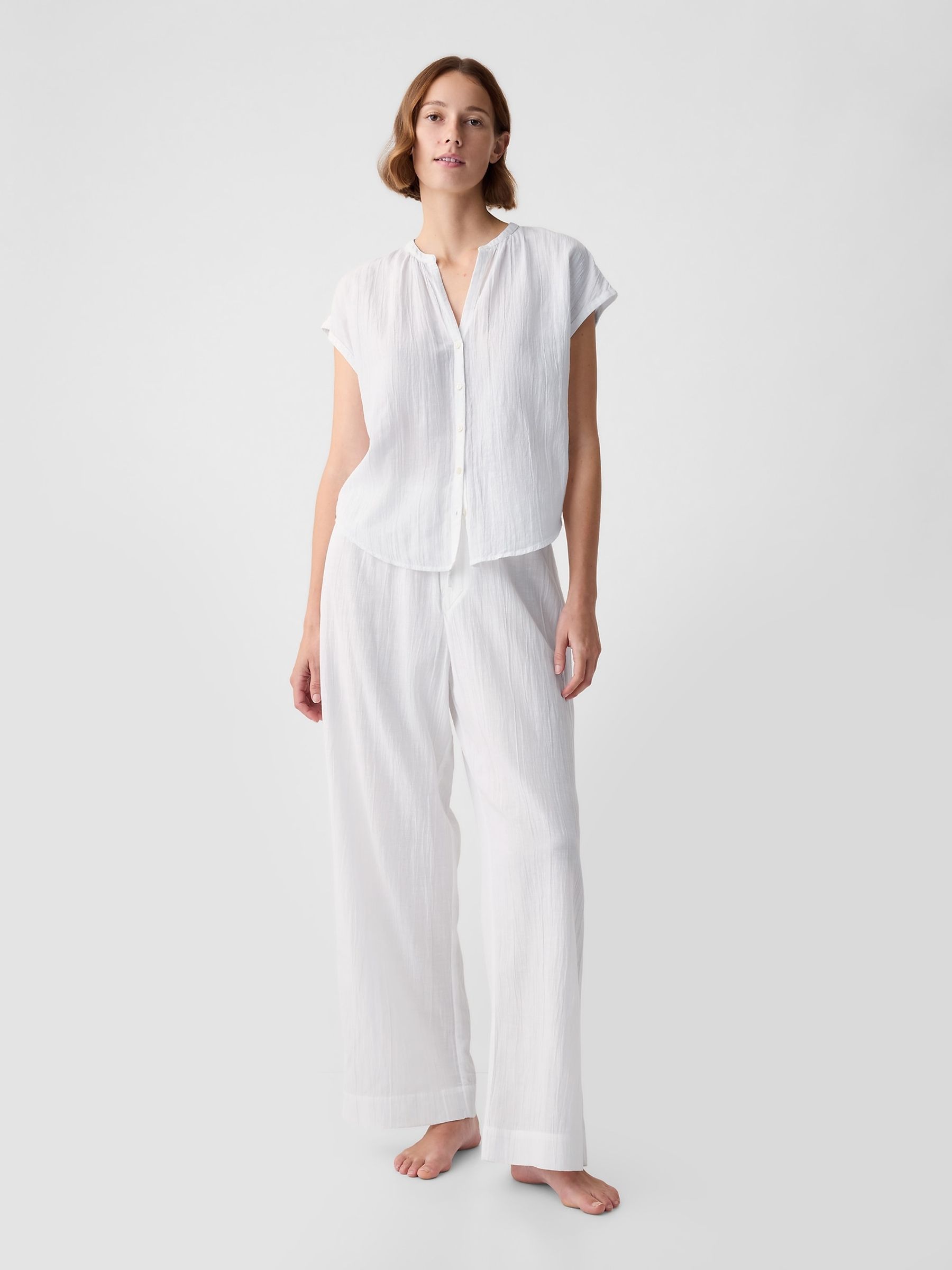 White Crinkle Cotton Short Sleeve Pyjama Top - Image 1 of 2