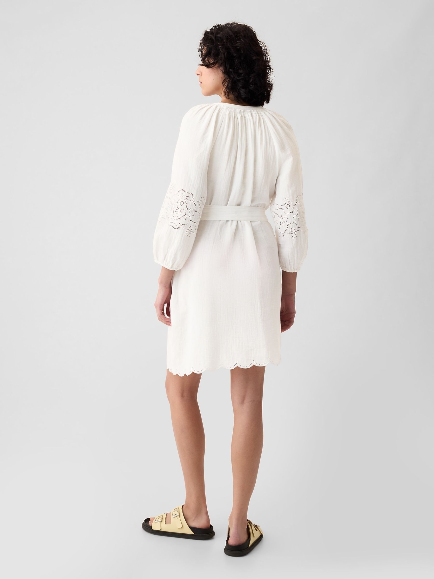 White Crinkle Cotton Embroidered Elbow Sleeve Mini Dress - Image 2 of 4