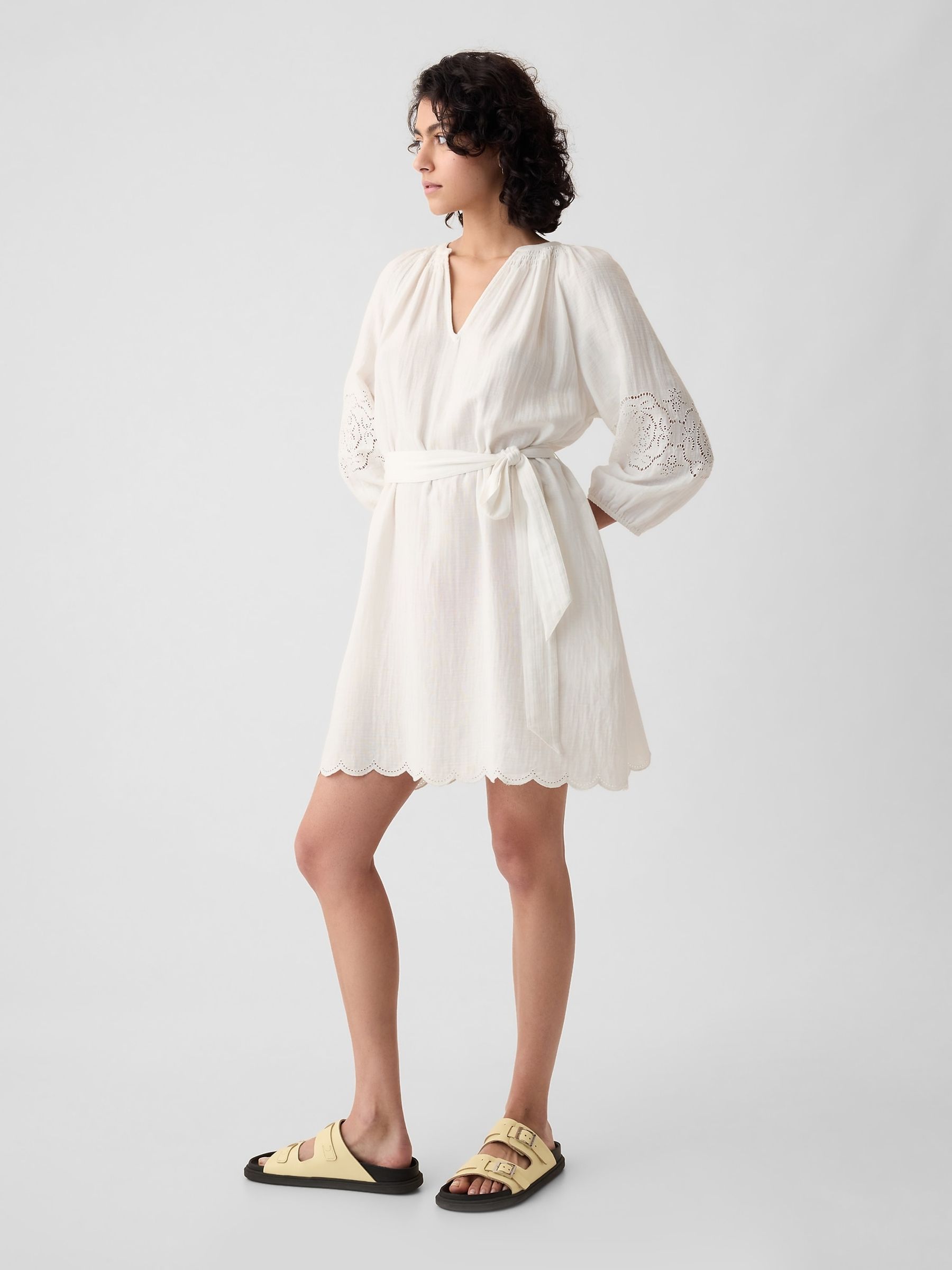 White Crinkle Cotton Embroidered Elbow Sleeve Mini Dress - Image 3 of 4