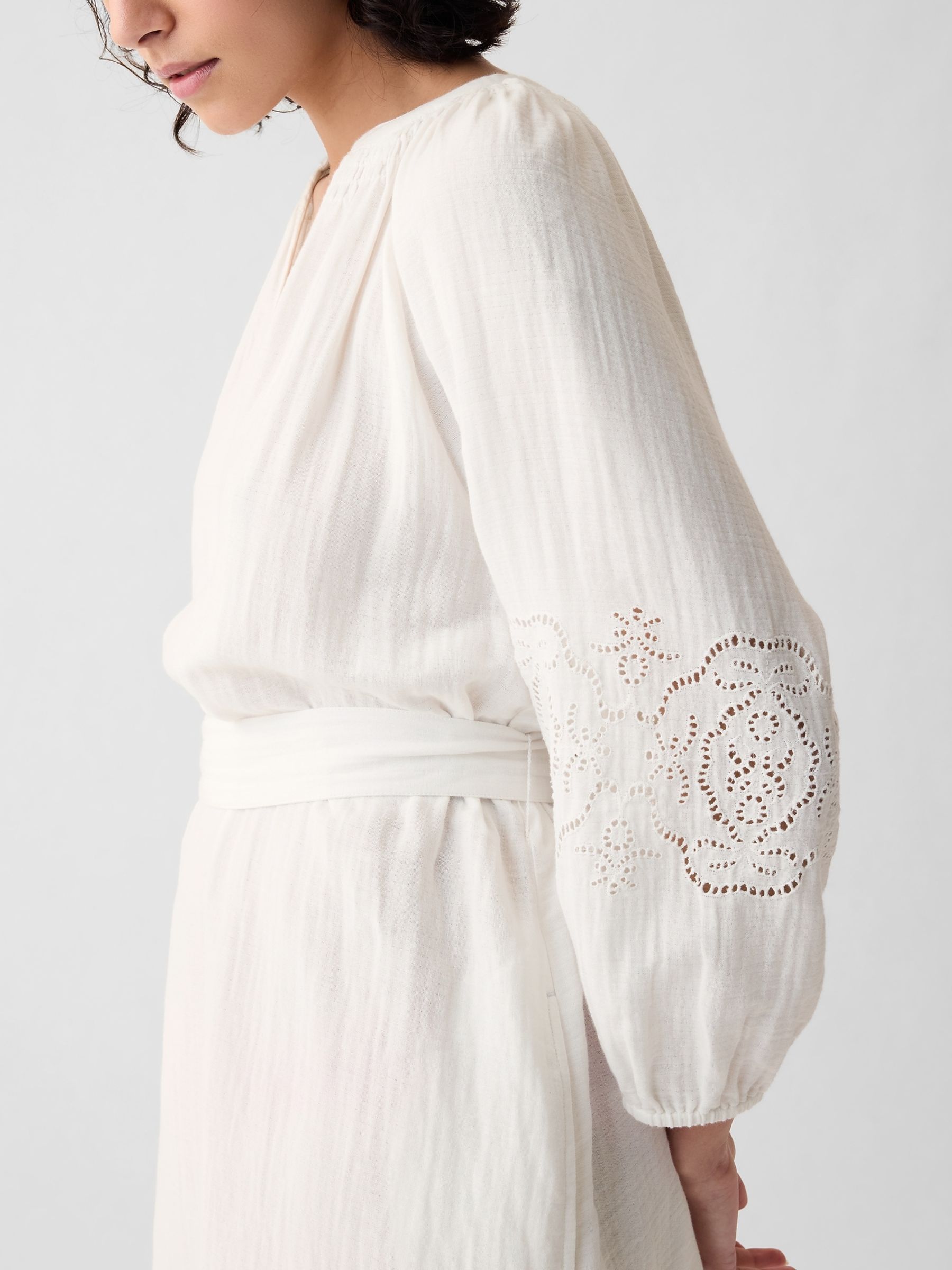 White Crinkle Cotton Embroidered Elbow Sleeve Mini Dress - Image 4 of 4