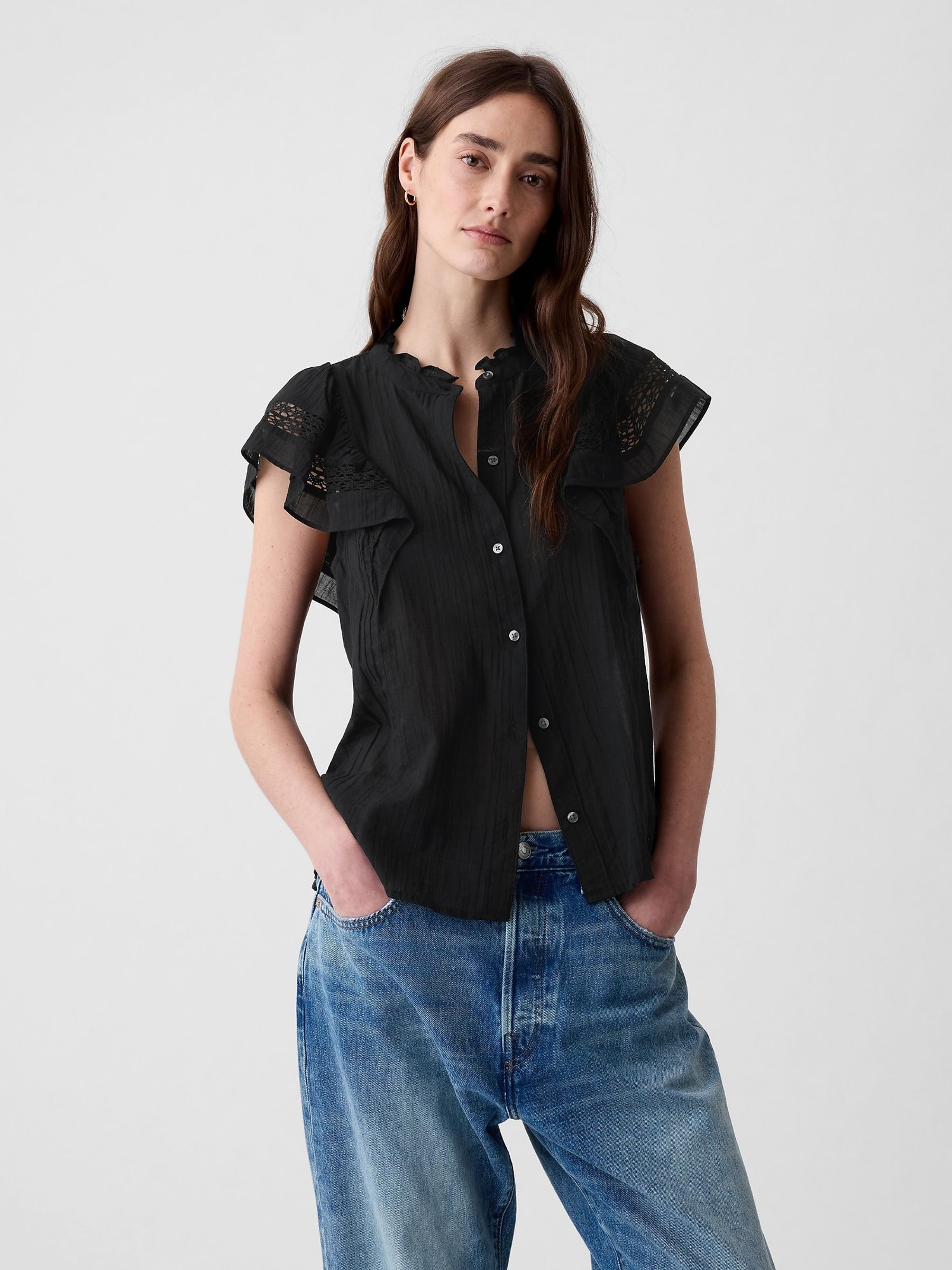 Black Crinkle Cotton Flutter Sleeve Shirt - Image 1 of 3