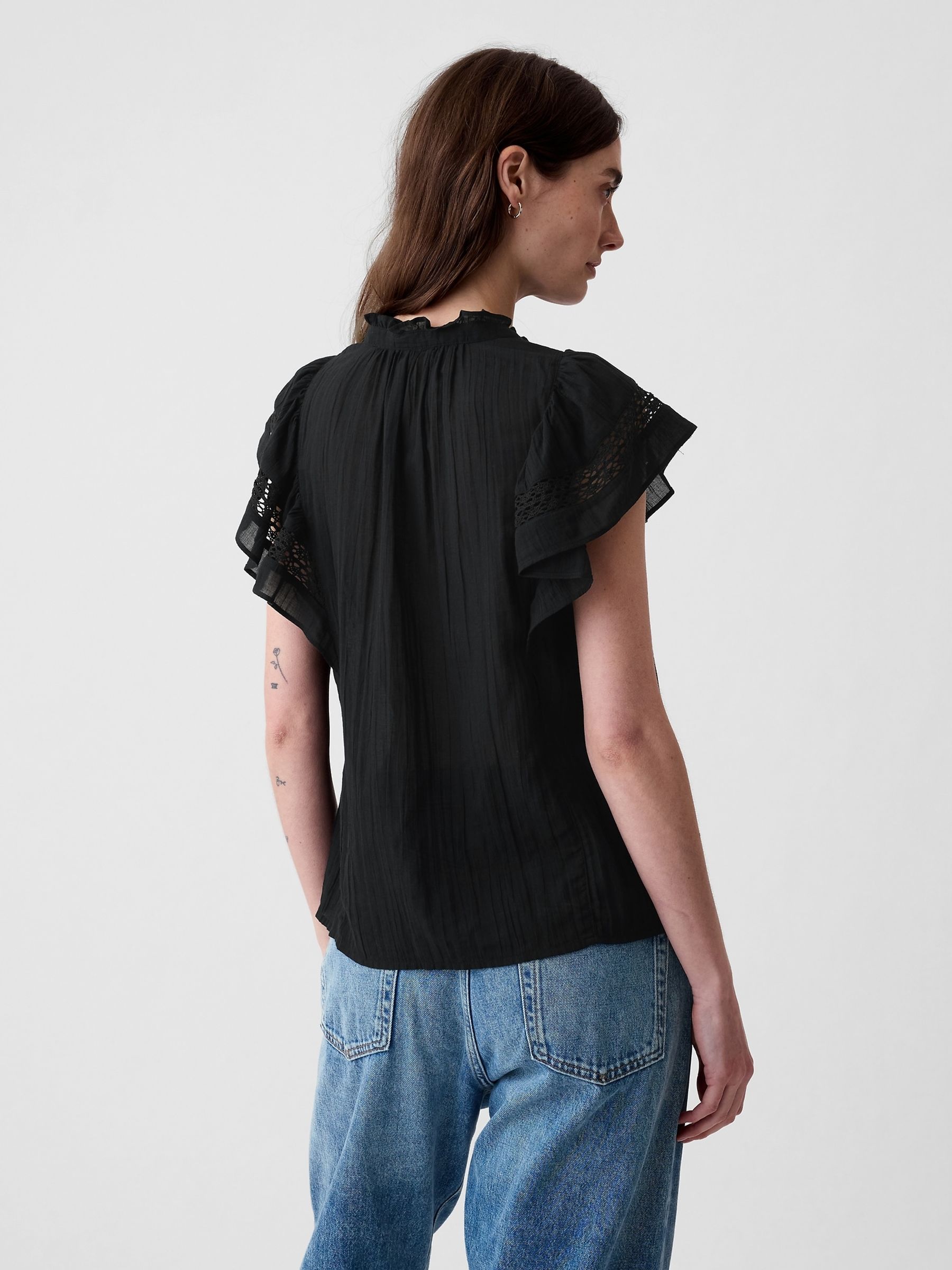 Black Crinkle Cotton Flutter Sleeve Shirt - Image 2 of 3