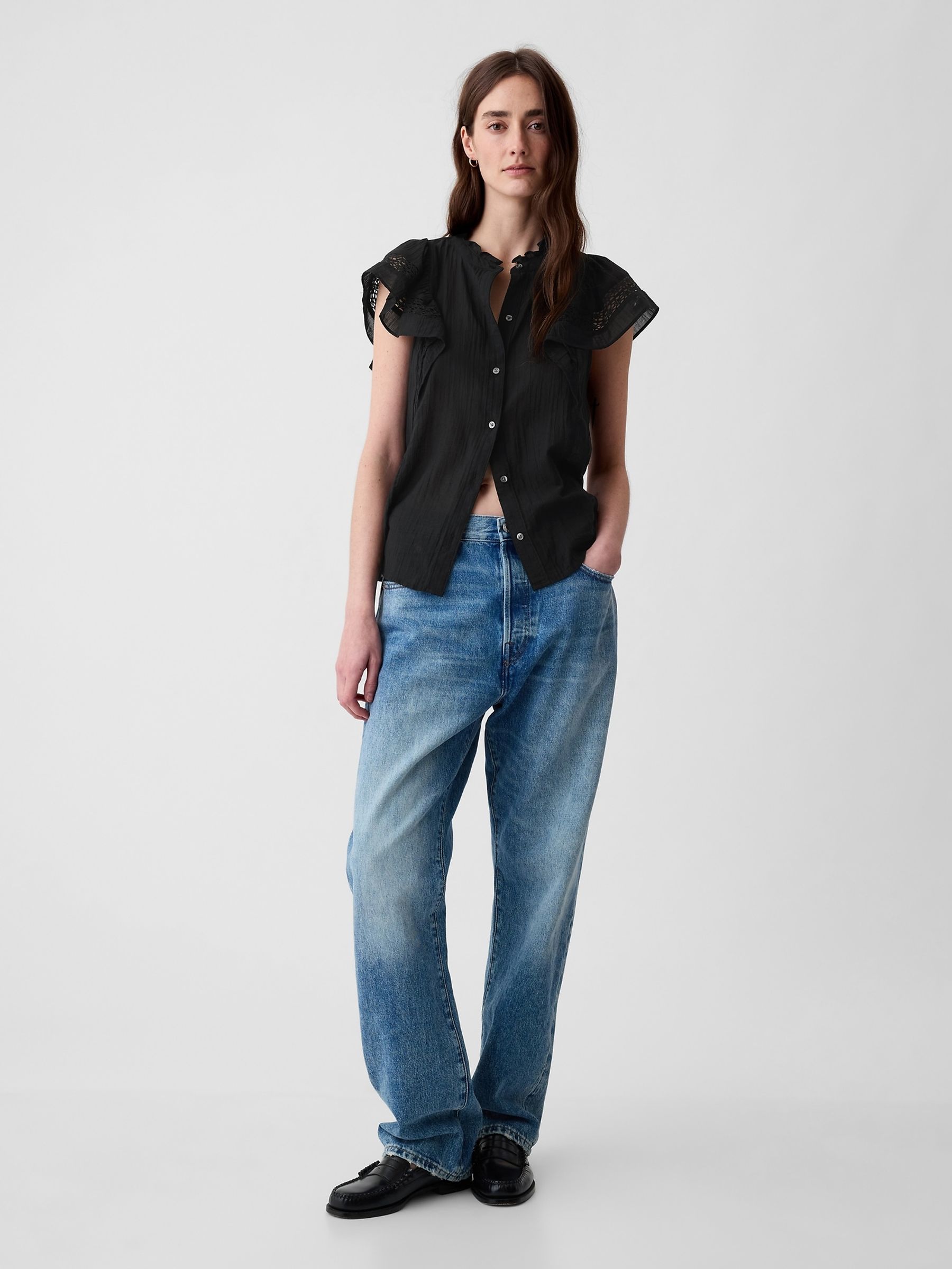 Black Crinkle Cotton Flutter Sleeve Shirt - Image 3 of 3