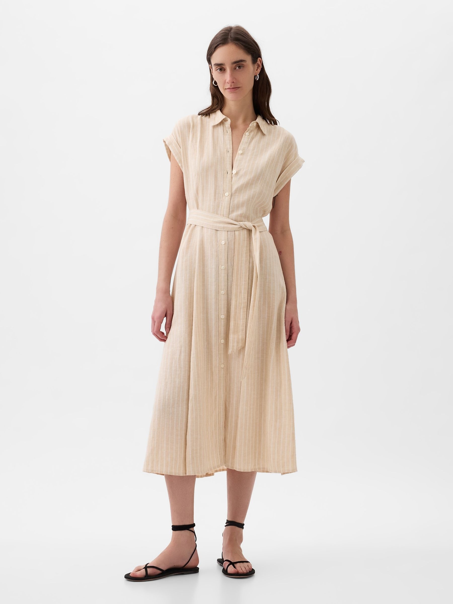 Beige Linen-Blend Tie Waist Midi Shirt Dress - Image 1 of 1