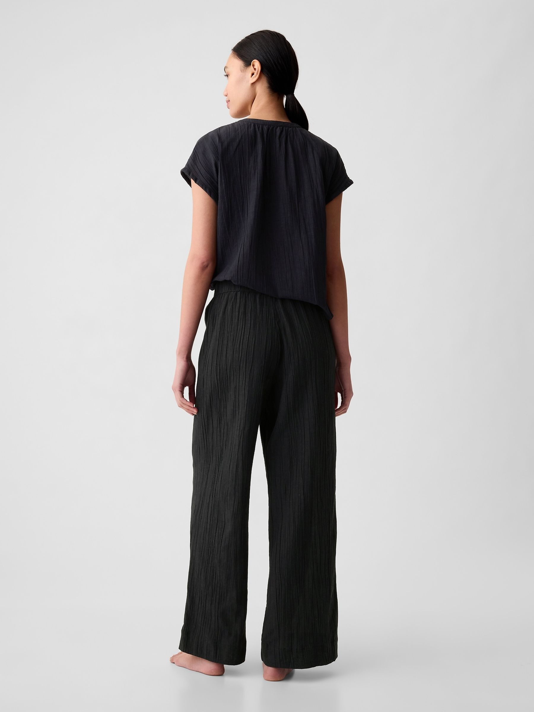 Black Crinkle Cotton Wide Leg Pyjama Trousers - Image 2 of 2