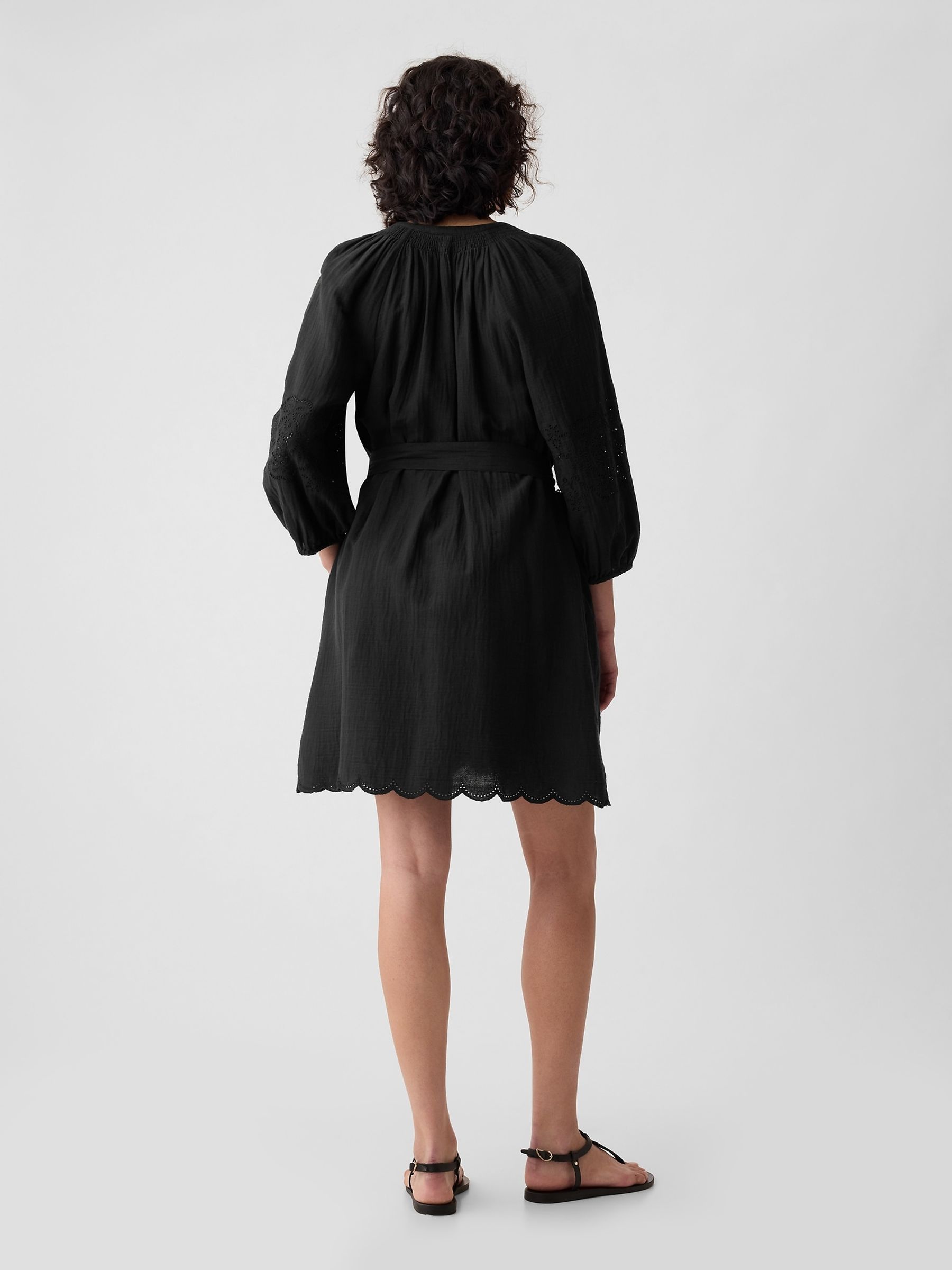 Black Crinkle Cotton Embroidered Elbow Sleeve Mini Dress - Image 2 of 6