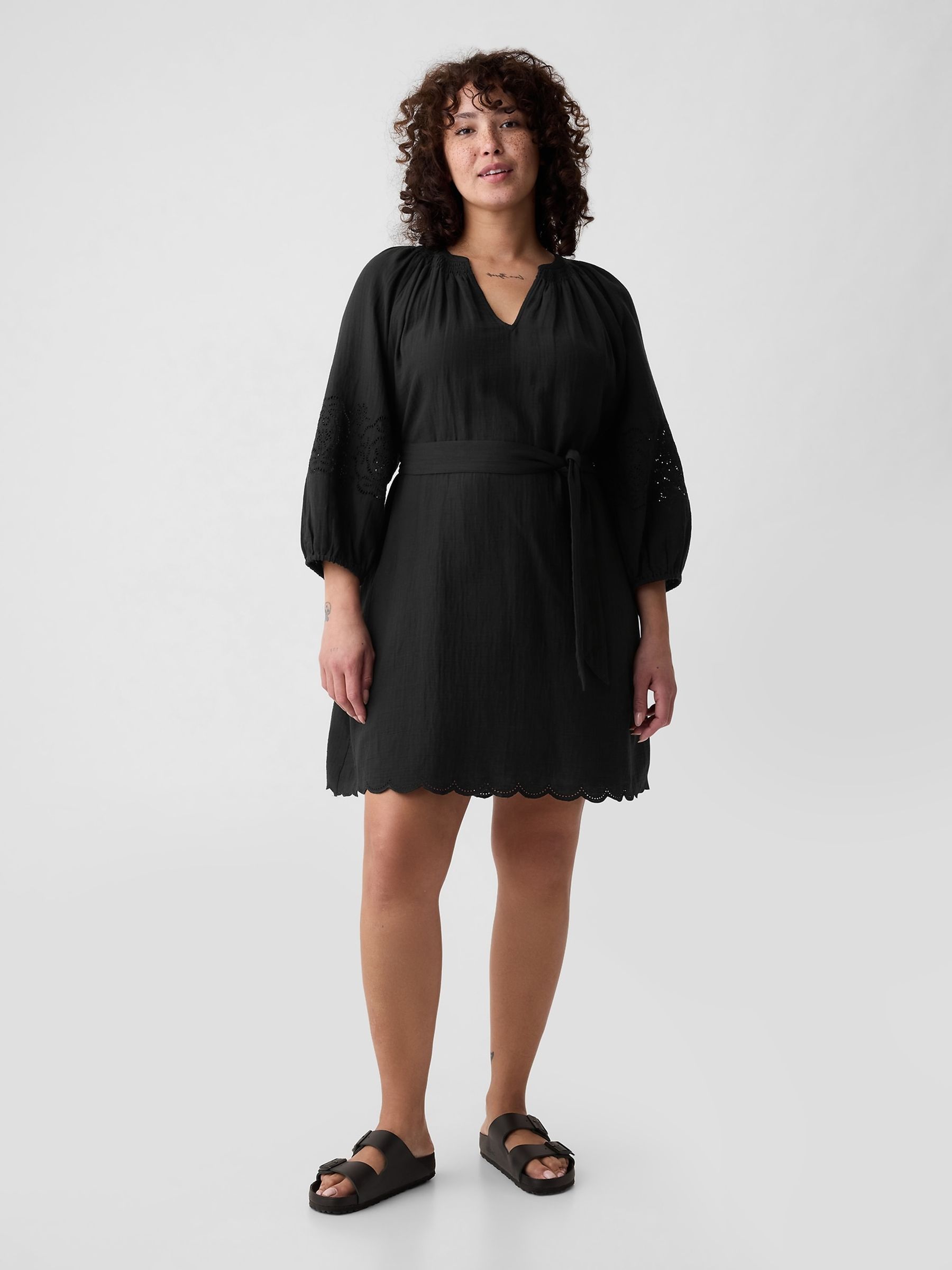 Black Crinkle Cotton Embroidered Elbow Sleeve Mini Dress - Image 4 of 6