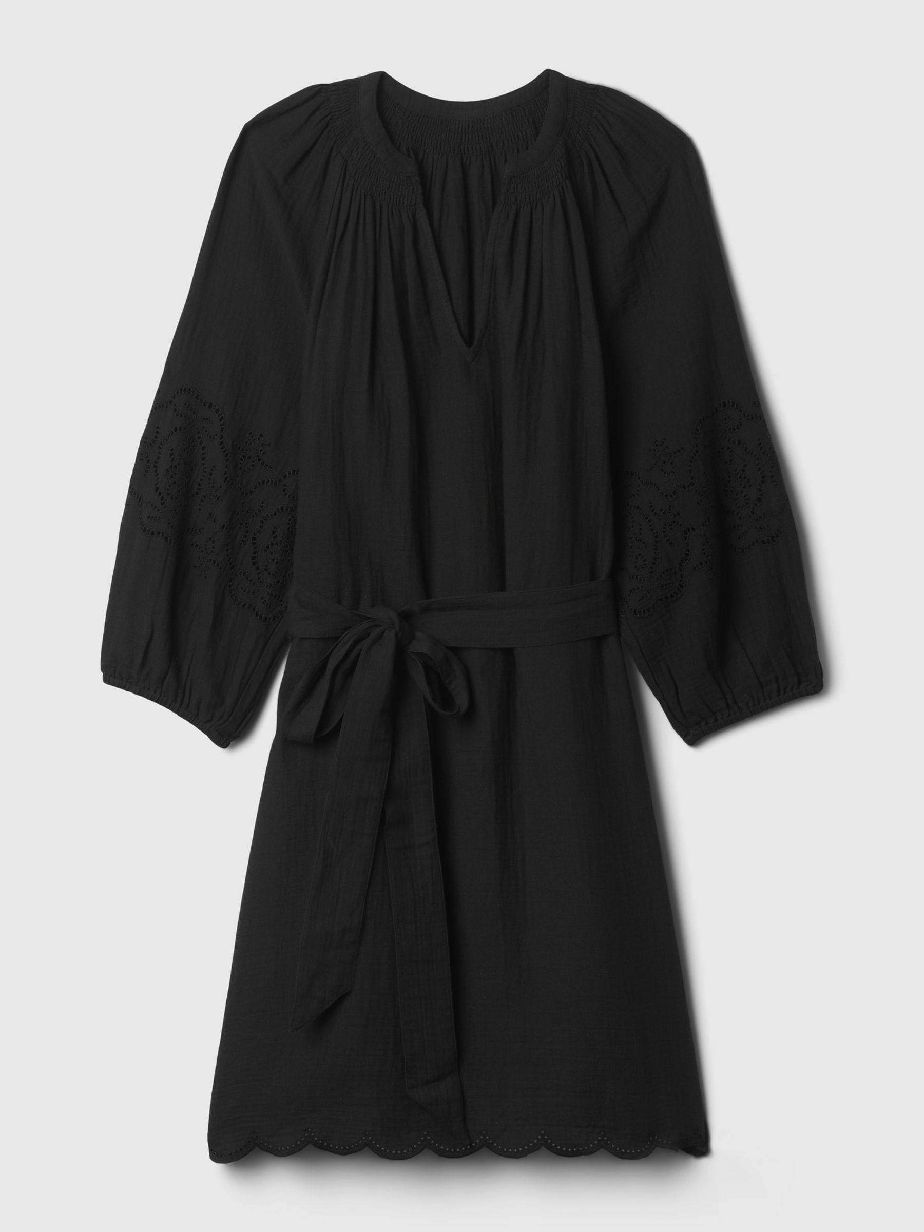 Black Crinkle Cotton Embroidered Elbow Sleeve Mini Dress - Image 6 of 6