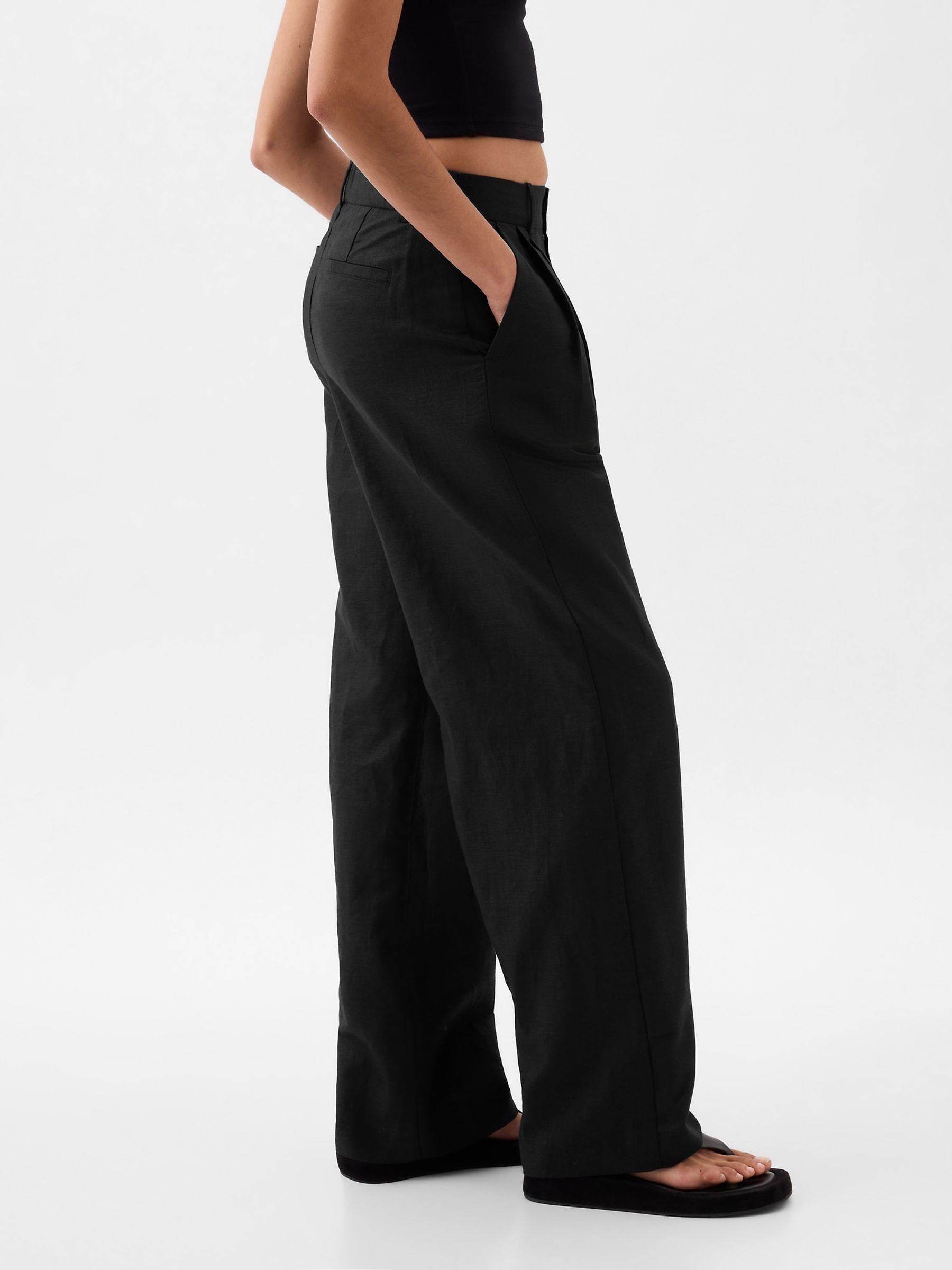 Black High Waisted Linen Cotton Trousers - Image 2 of 5