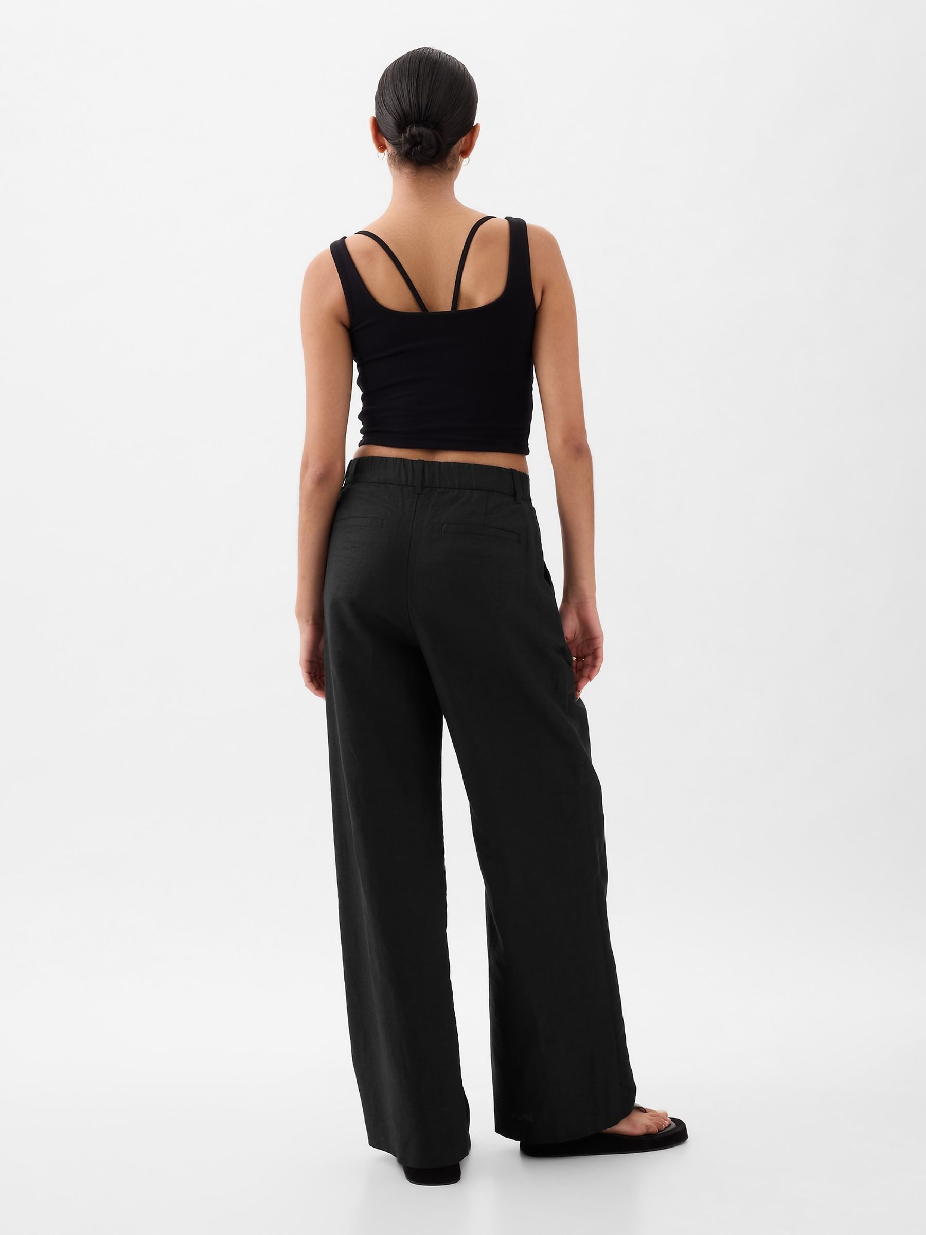 Black High Waisted Linen Cotton Trousers - Image 4 of 5