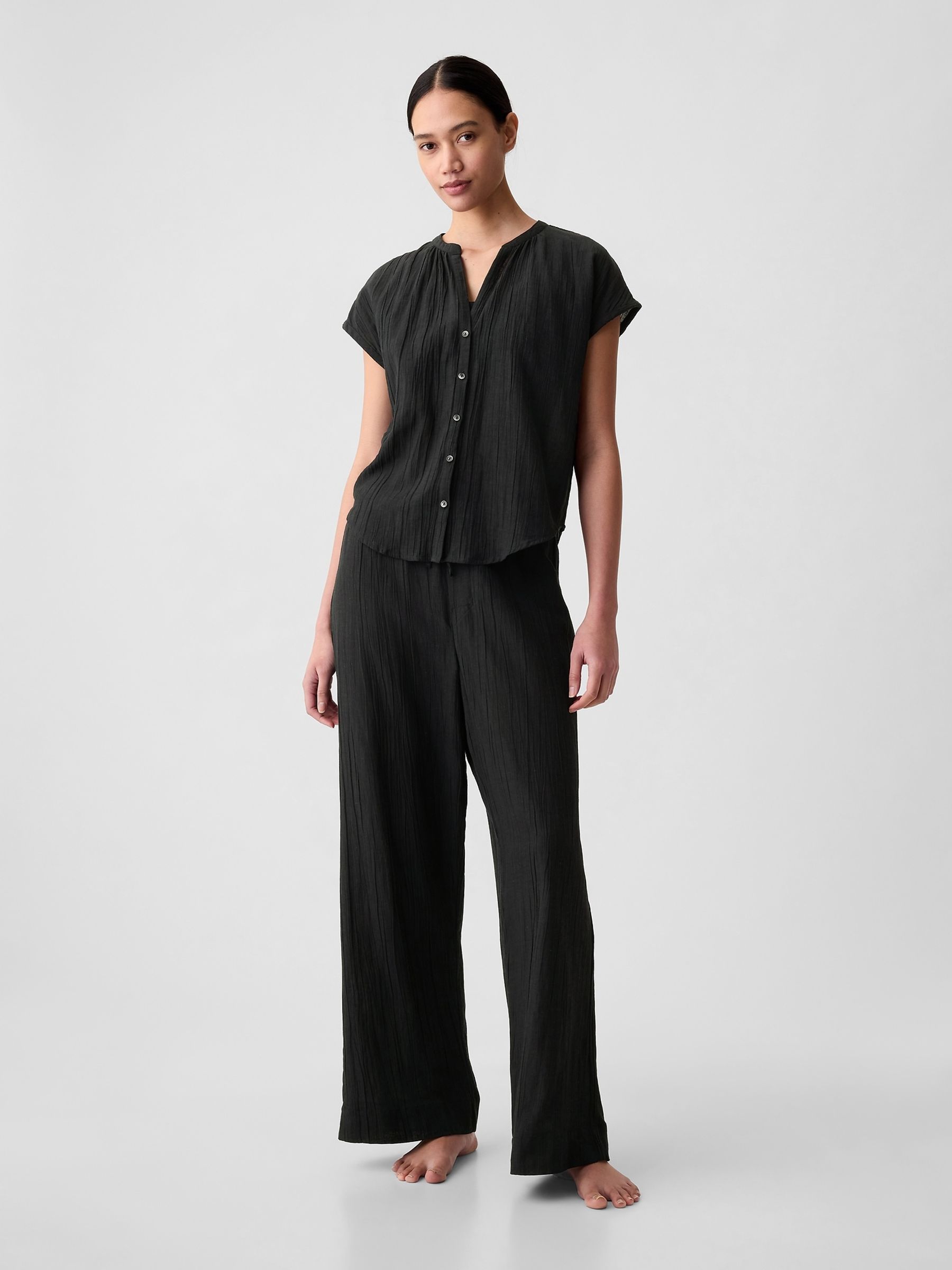Black Crinkle Cotton Short Sleeve Pyjama Top - Image 1 of 2