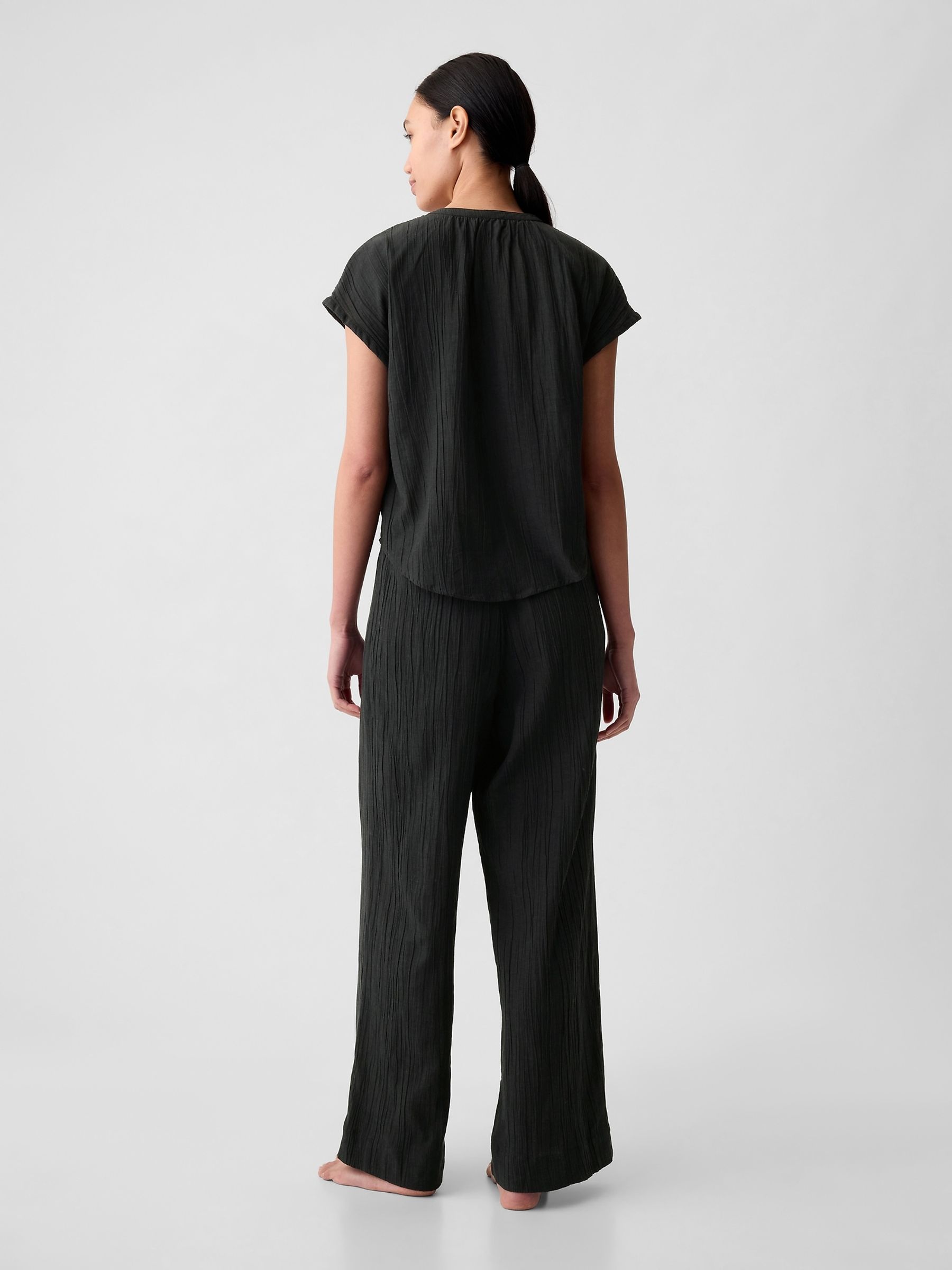 Black Crinkle Cotton Short Sleeve Pyjama Top - Image 2 of 2