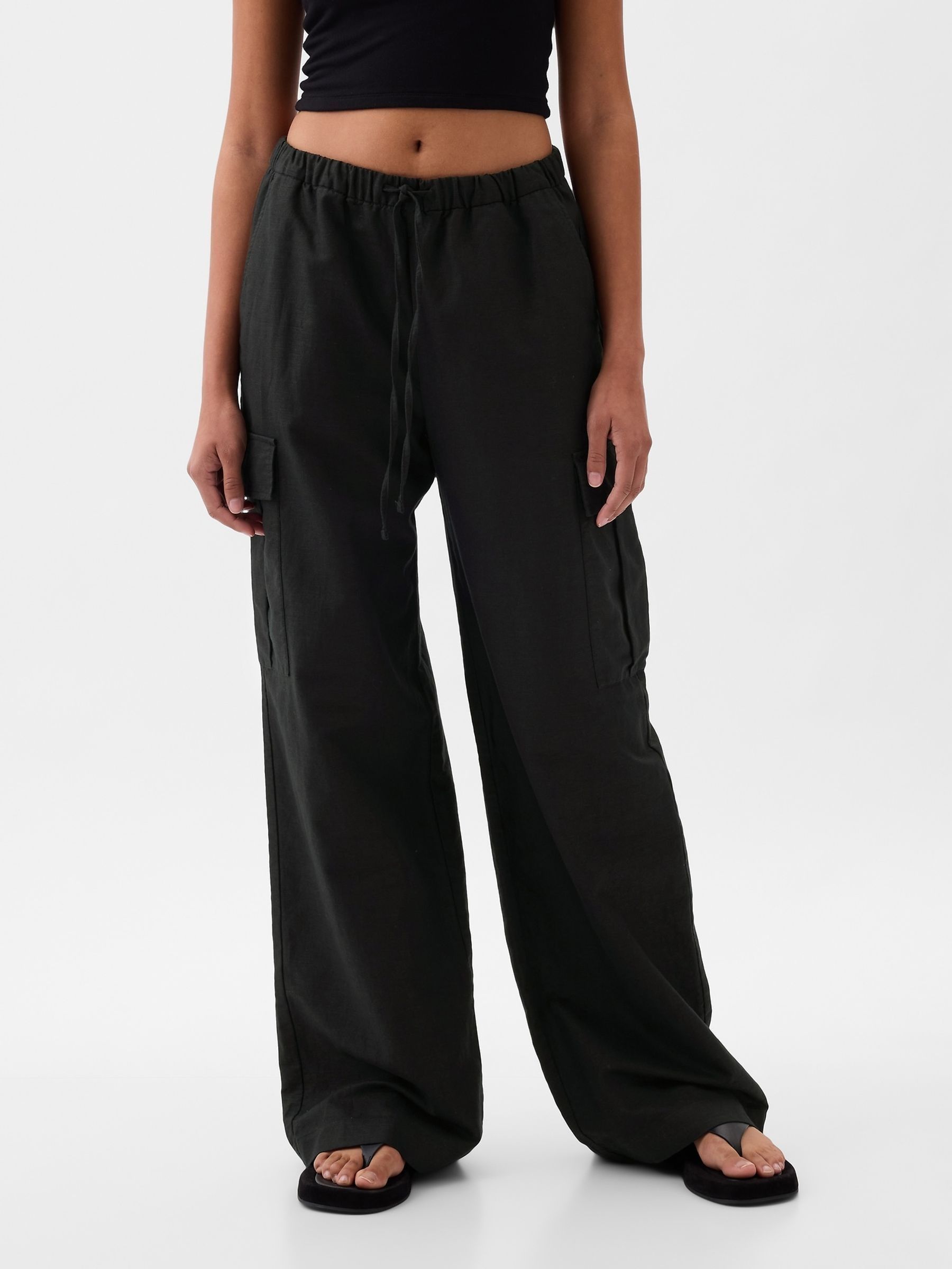 Black Linen Cotton Blend Mid Rise Cargo Trousers - Image 1 of 5