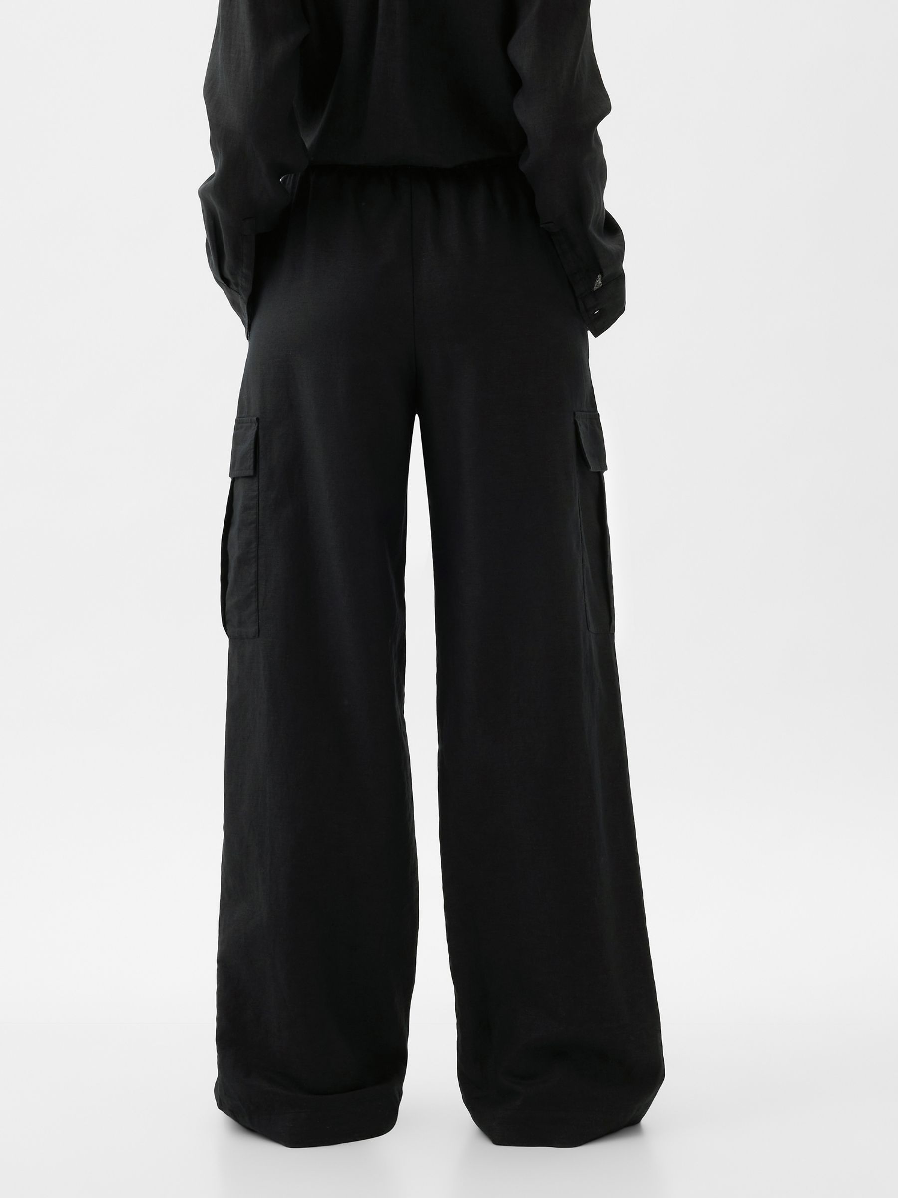 Black Linen Cotton Blend Mid Rise Cargo Trousers - Image 2 of 5