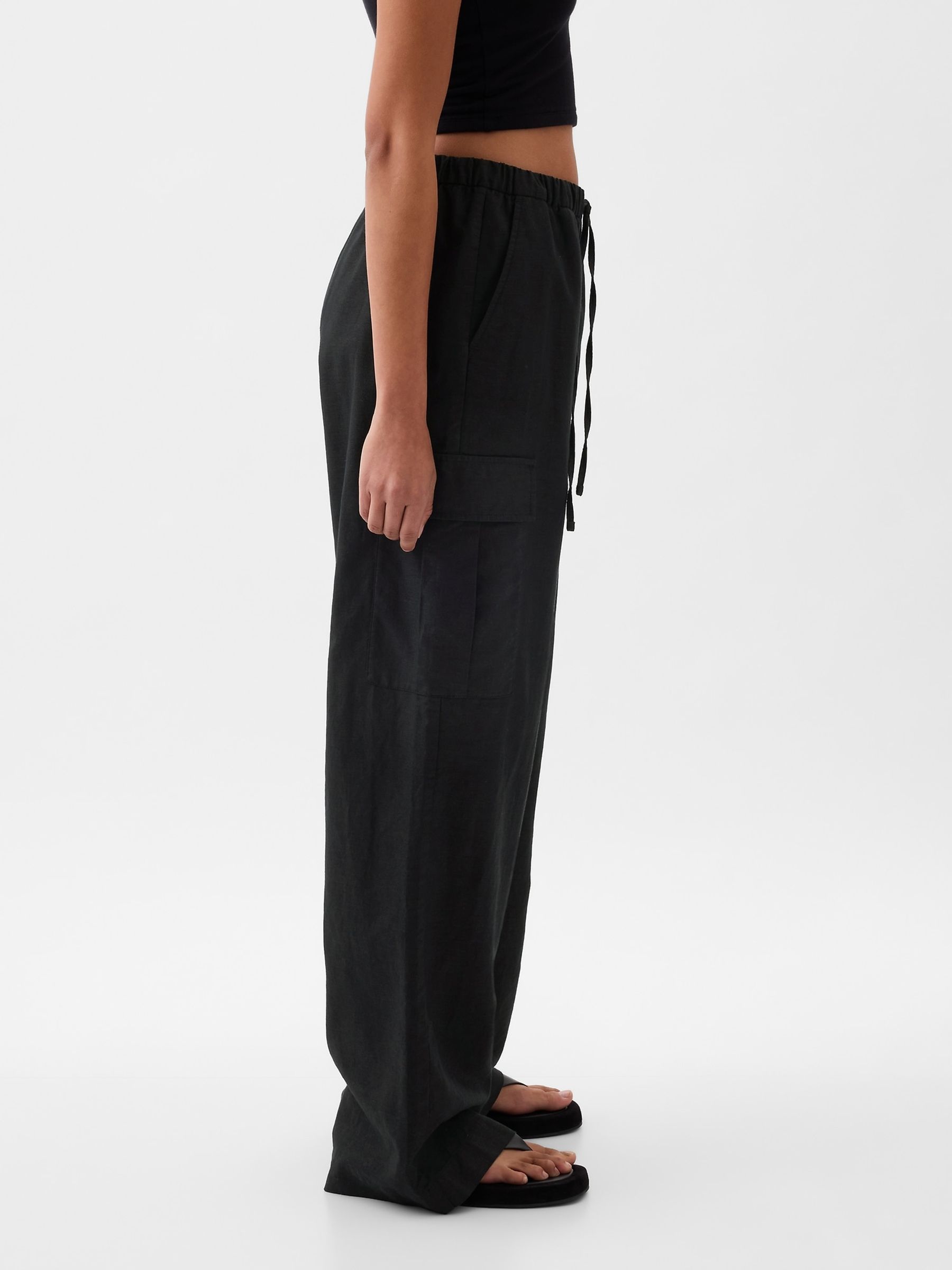 Black Linen Cotton Blend Mid Rise Cargo Trousers - Image 3 of 5