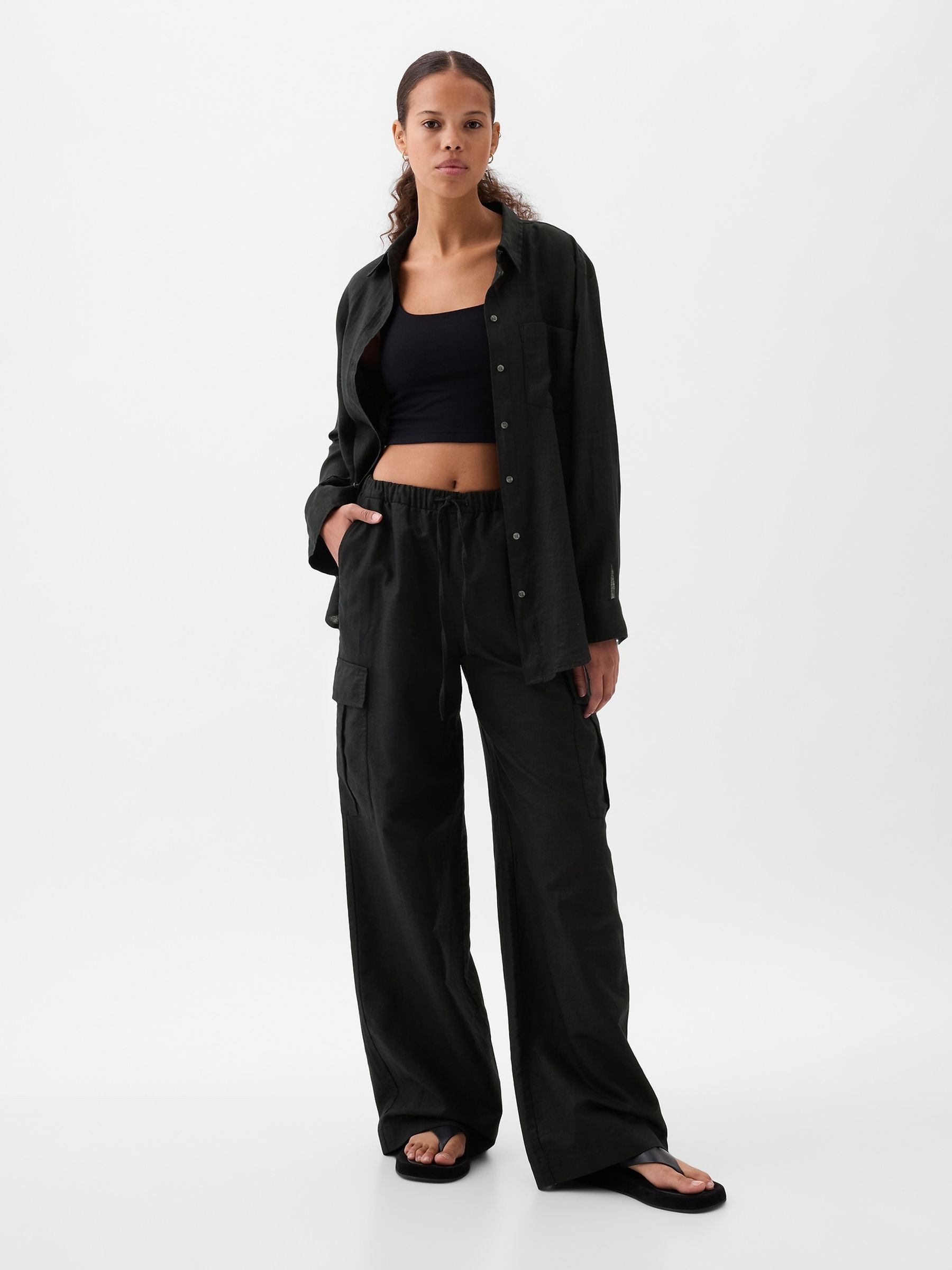 Black Linen Cotton Blend Mid Rise Cargo Trousers - Image 4 of 5