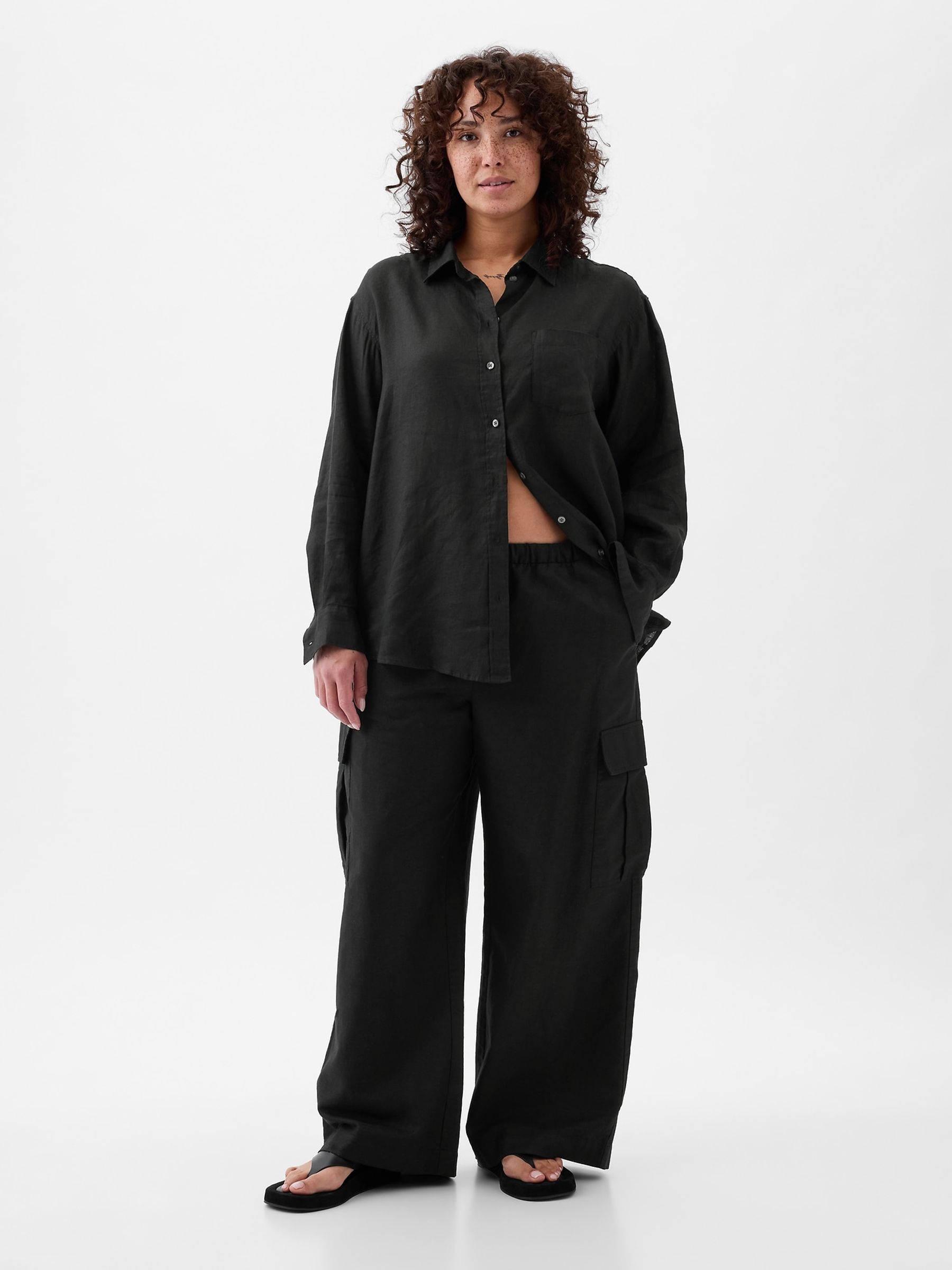 Black Linen Cotton Blend Mid Rise Cargo Trousers - Image 5 of 5