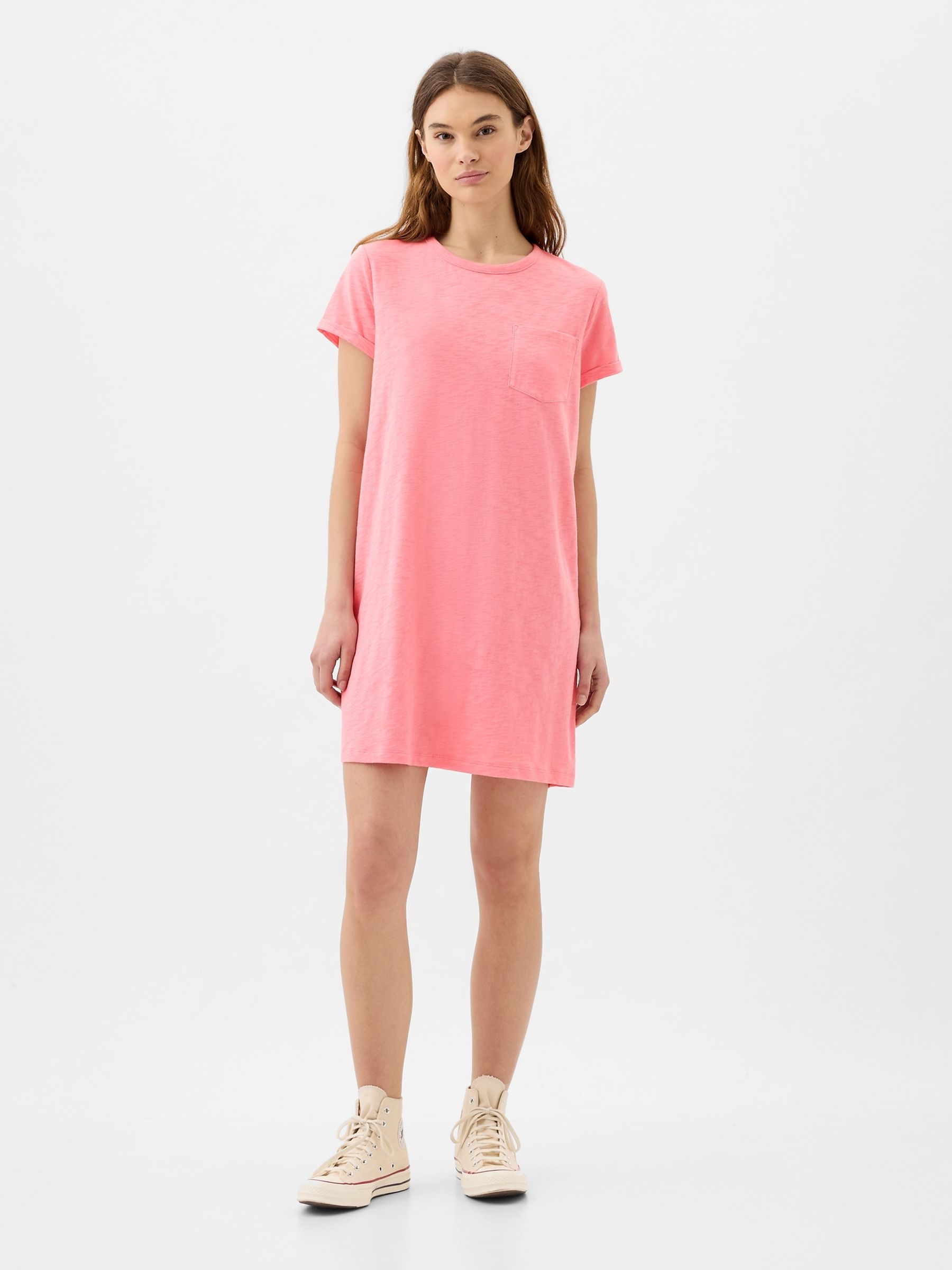 Pink Crew Neck Short Sleeve Pocket Mini T-Shirt Dress - Image 1 of 2