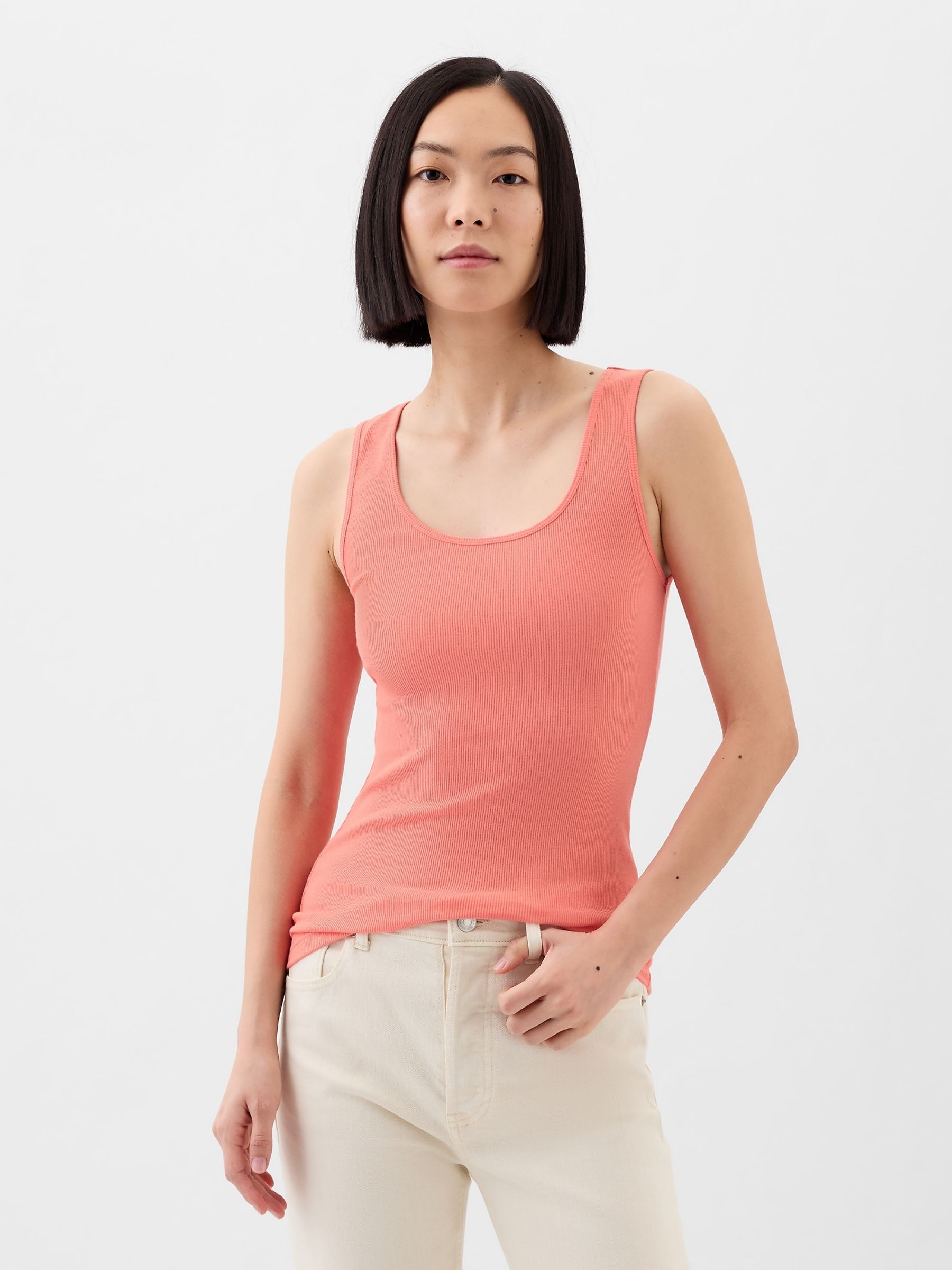 Coral Pink Ribbed Scoop Neck Thick Strap Vest - Image 1 of 4