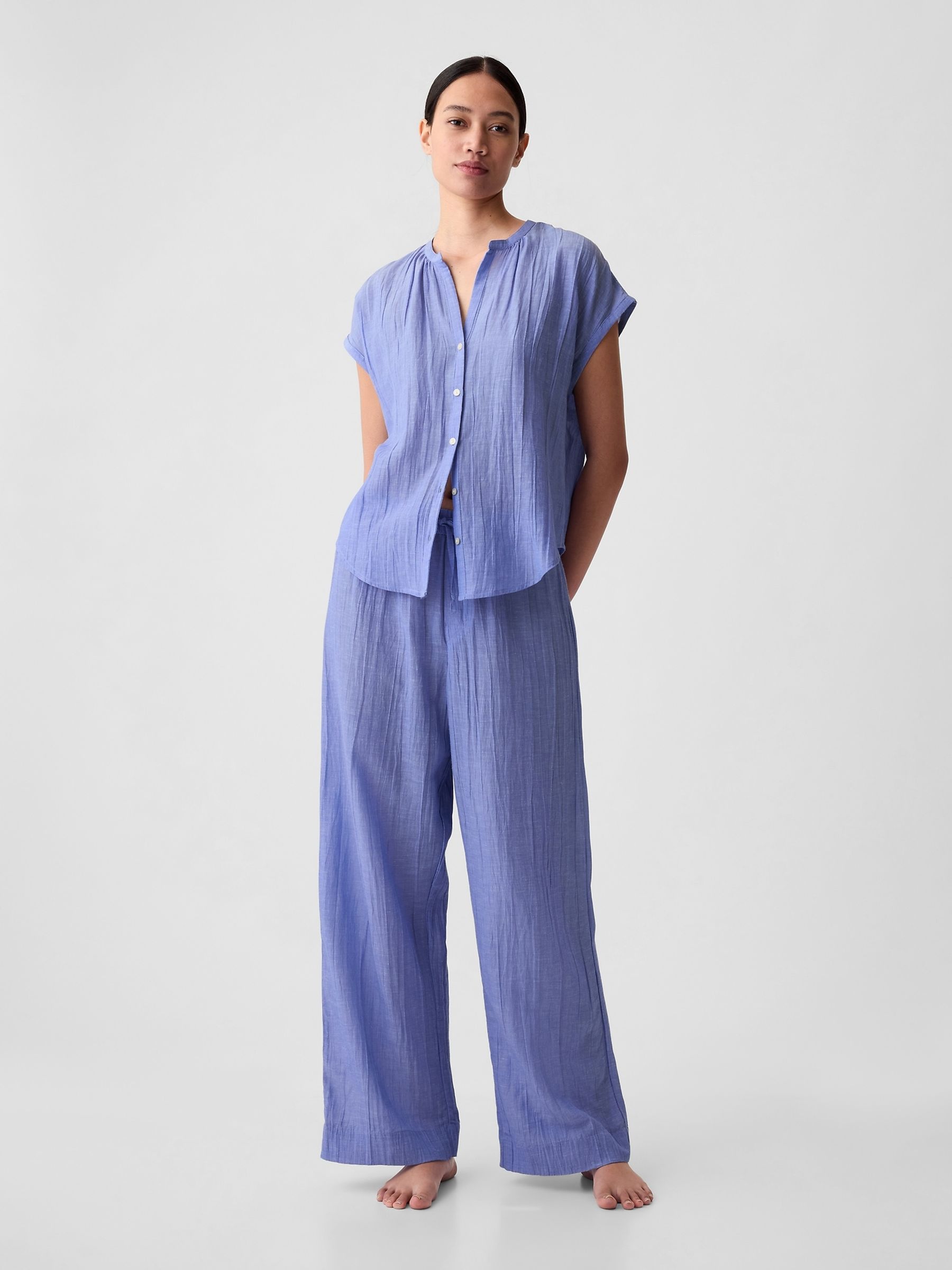 Blue Crinkle Cotton Short Sleeve Pyjama Top - Image 1 of 2