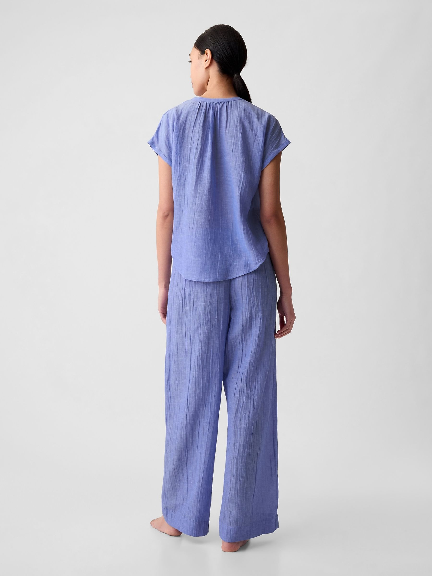 Blue Crinkle Cotton Short Sleeve Pyjama Top - Image 2 of 2