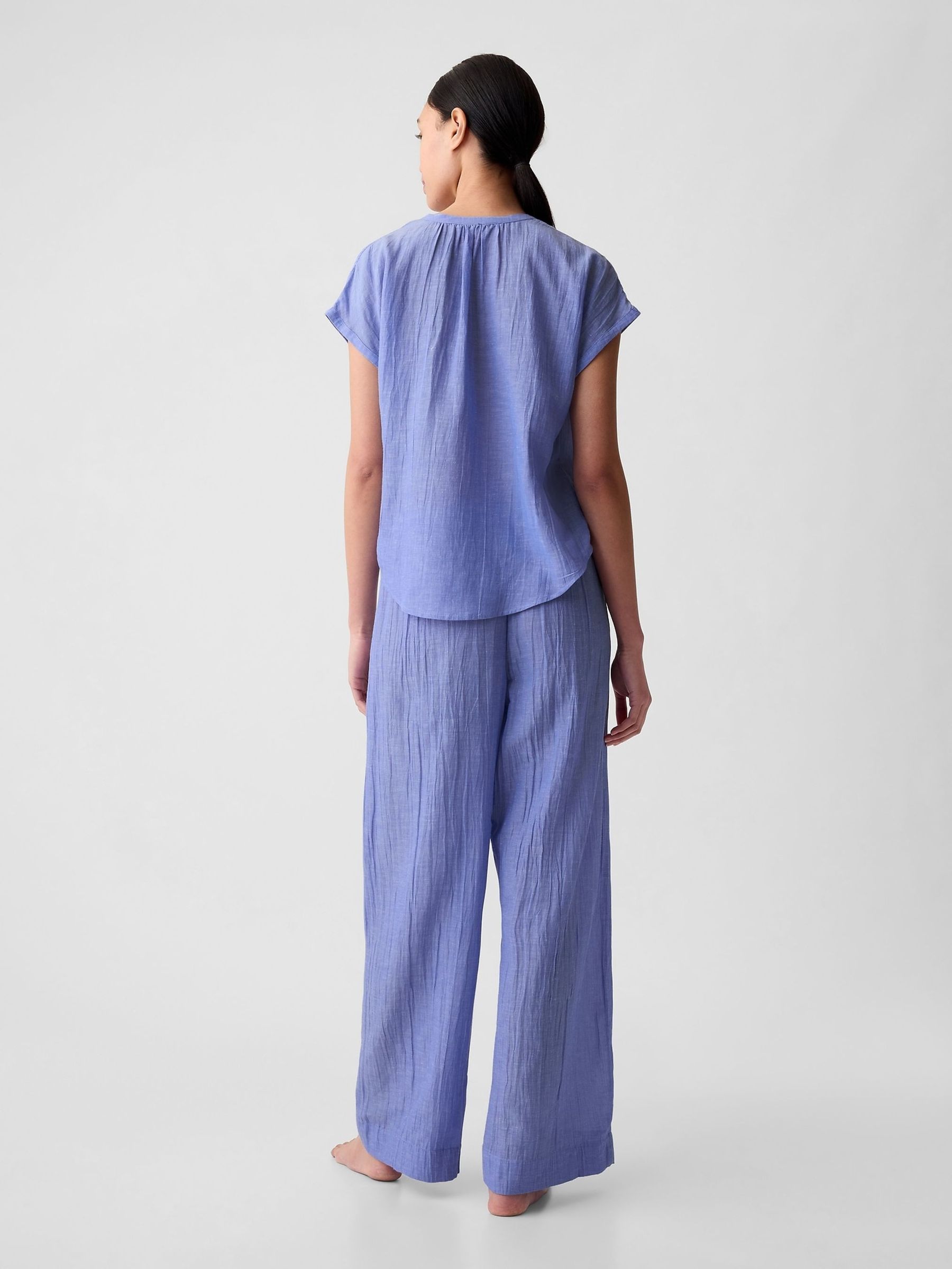 Blue Crinkle Cotton Short Sleeve Pyjama Top - Image 3 of 3