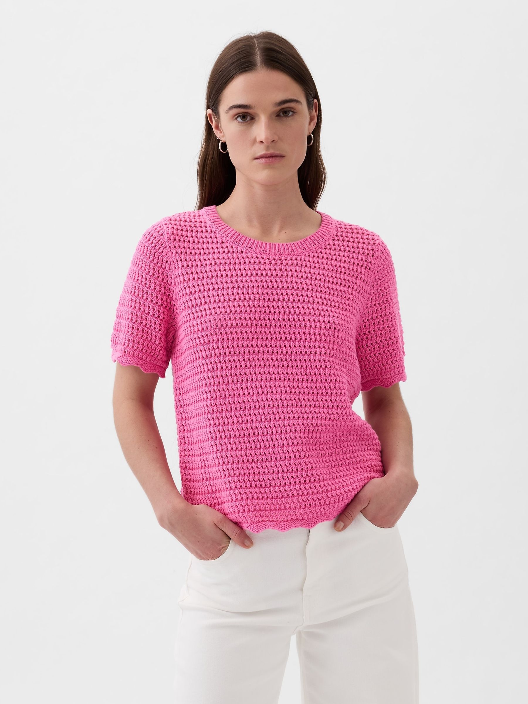 Pink Crochet Crew Neck Short Sleeve Knit Jumper - Image 1 of 2