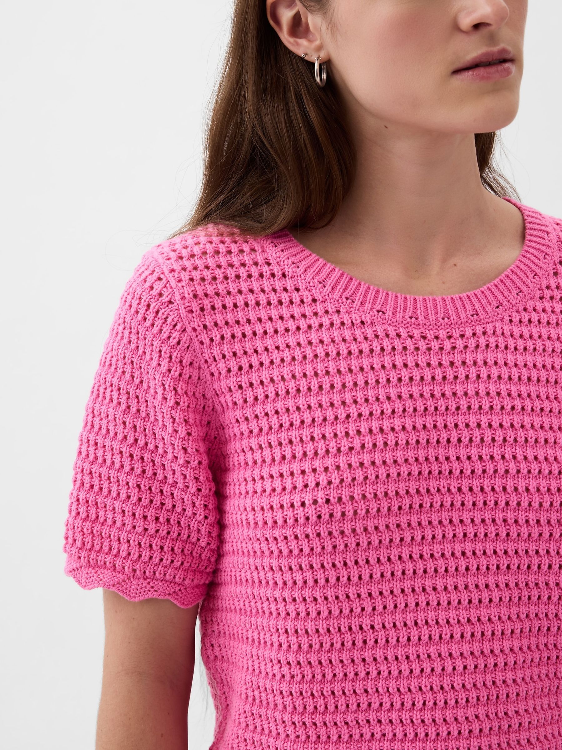 Pink Crochet Crew Neck Short Sleeve Knit Jumper - Image 2 of 2