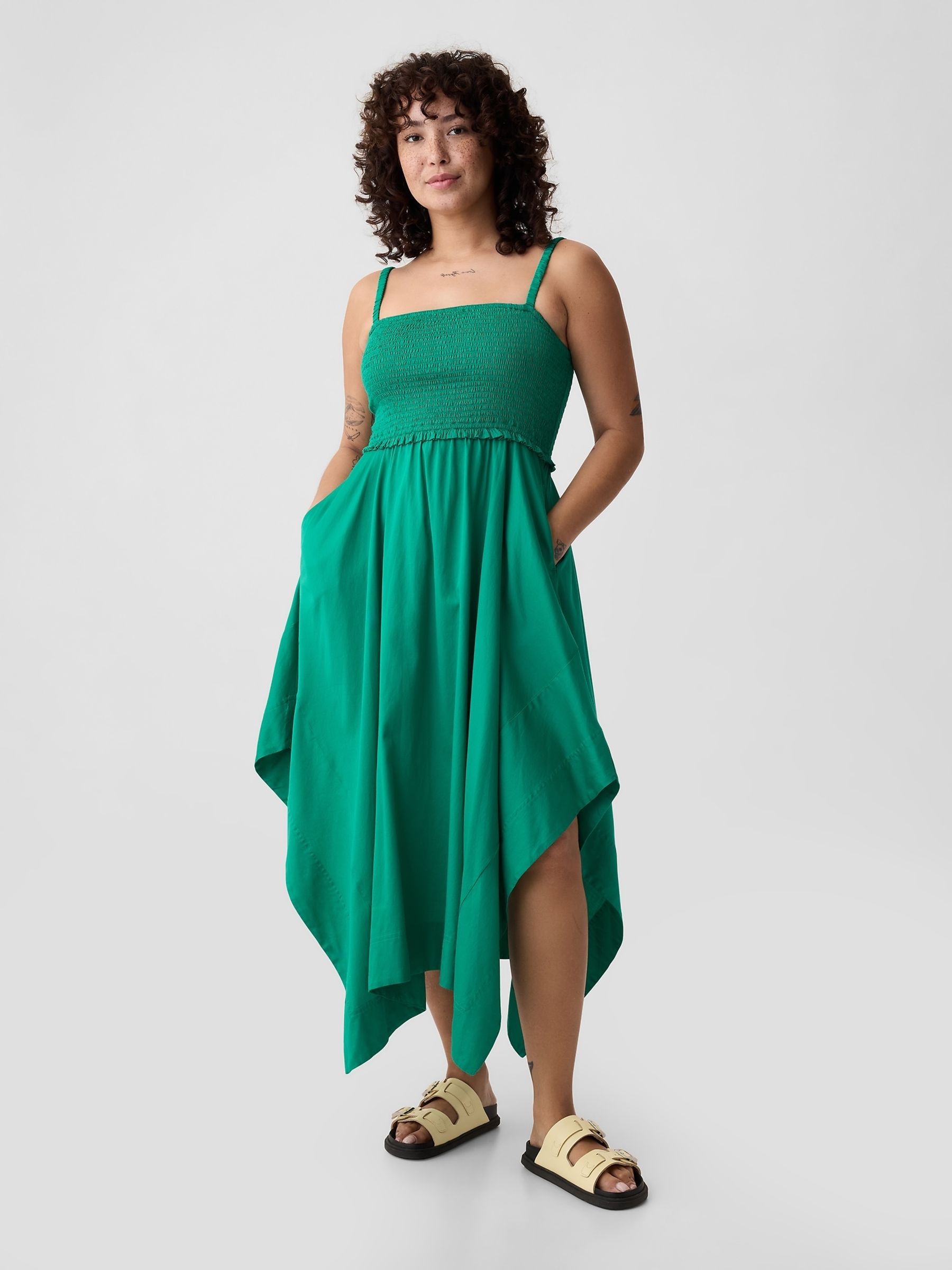 Simply Green Smocked Handkerchief Hem Midi Dress - Image 3 of 5