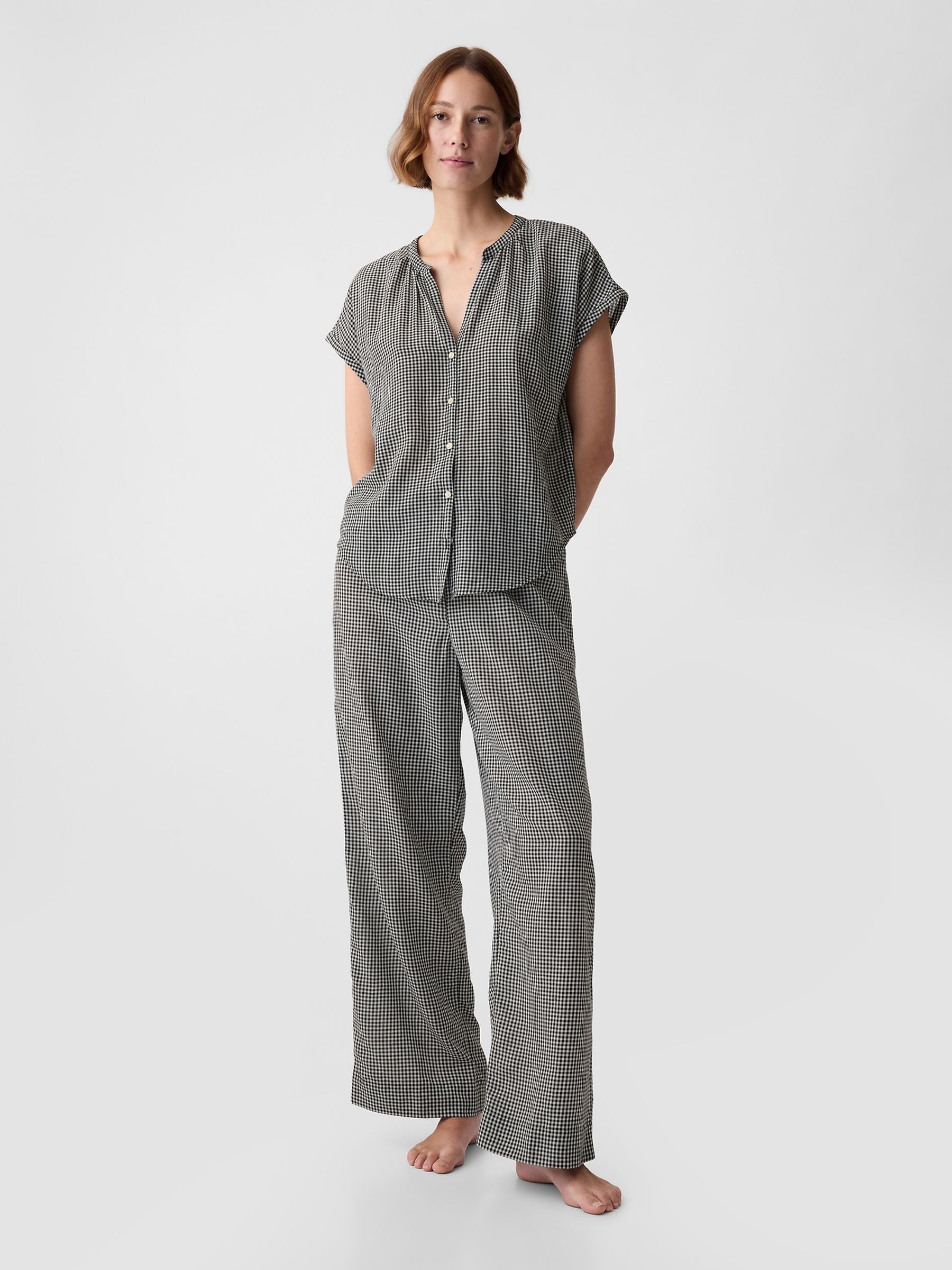 Black/White Crinkle Cotton Short Sleeve Pyjama Top - Image 1 of 2