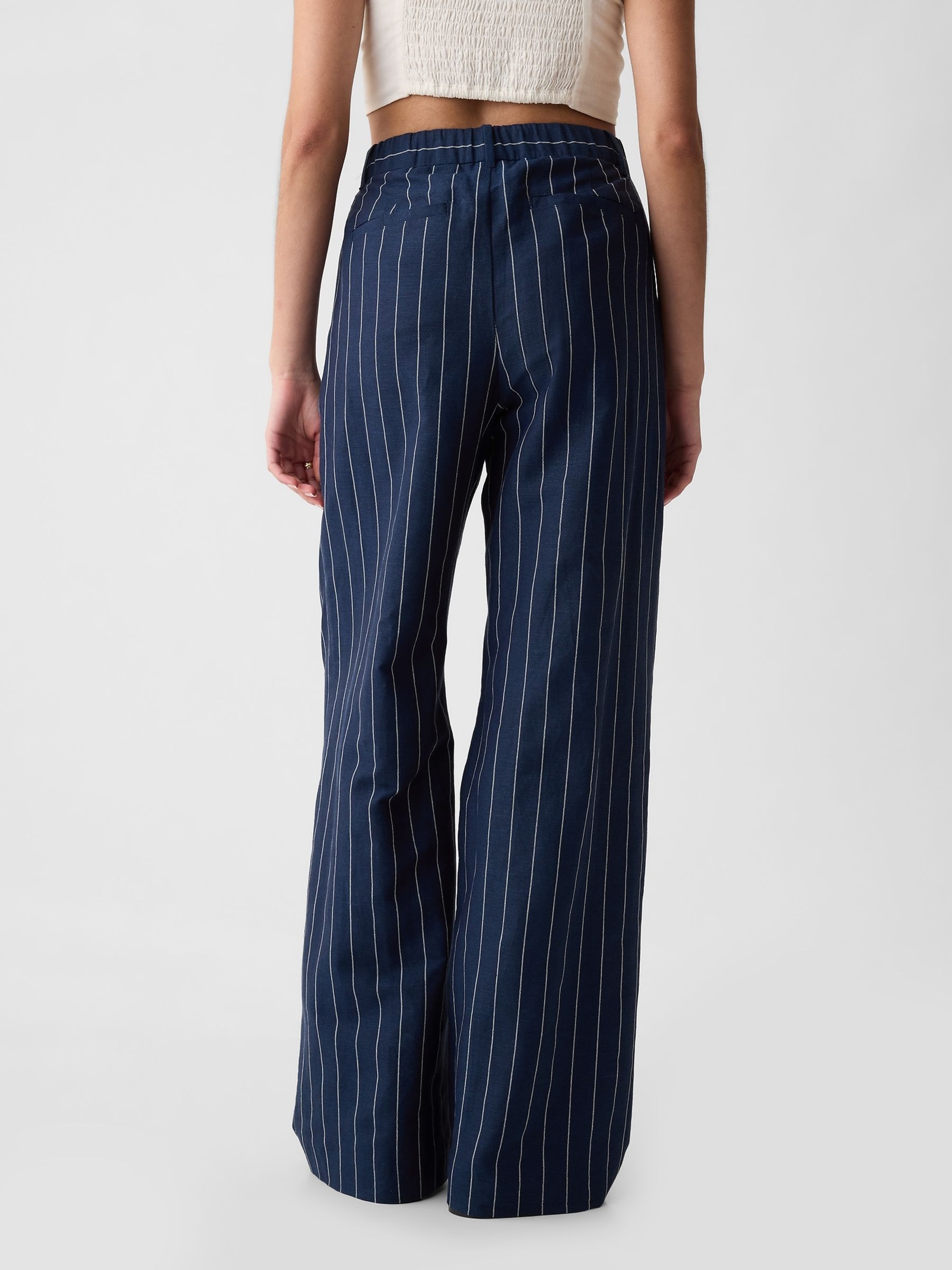 Navy Blue Pinstripe High Waisted Linen Cotton Trousers - Image 3 of 6
