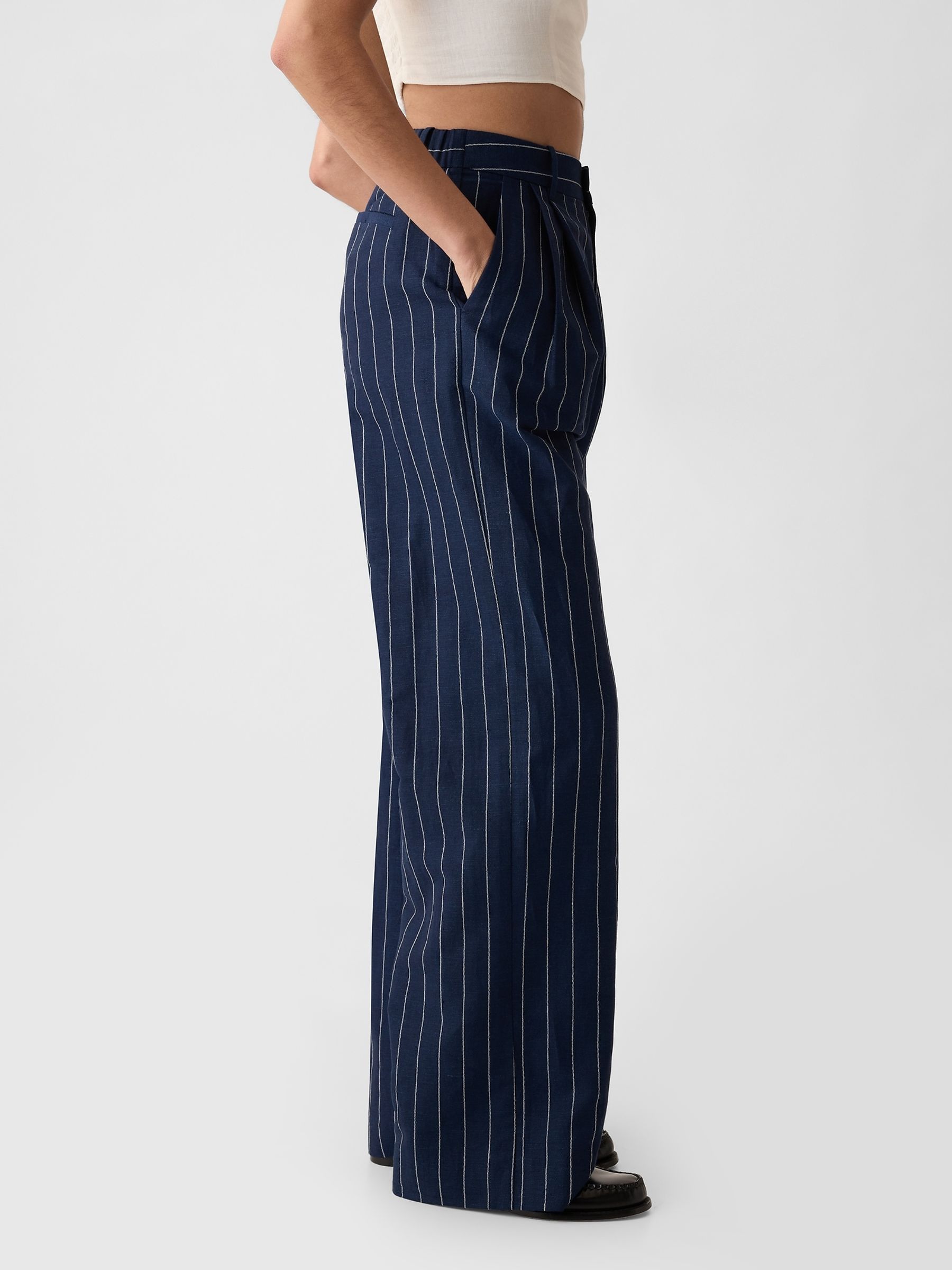 Navy Blue Pinstripe High Waisted Linen Cotton Trousers - Image 4 of 6