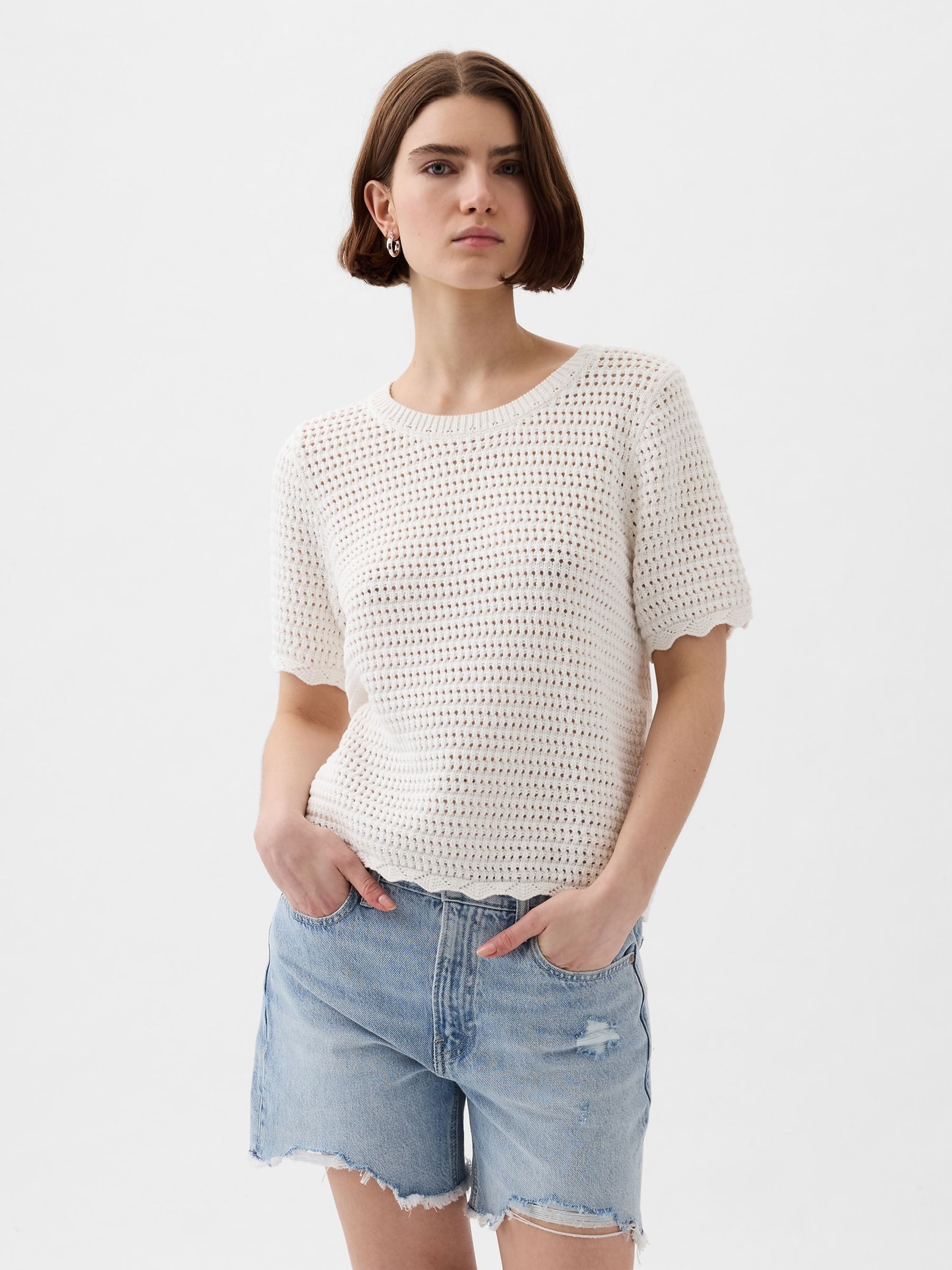 White Crochet Crew Neck Short Sleeve Knit Jumper - Image 2 of 5 White Crochet Crew Neck Short Sleeve Knit Jumper - Image 2 of 5