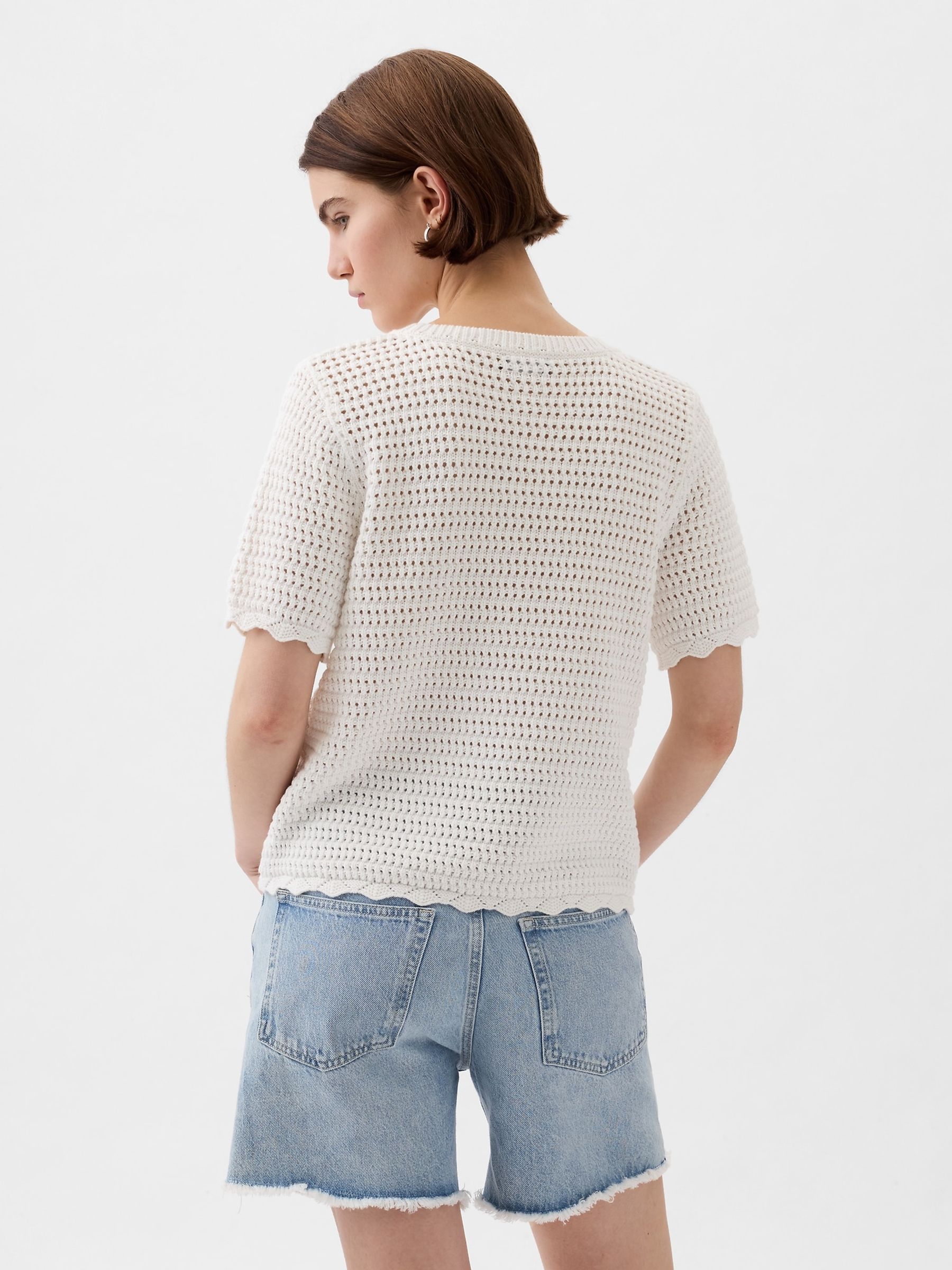 White Crochet Crew Neck Short Sleeve Knit Jumper - Image 3 of 5