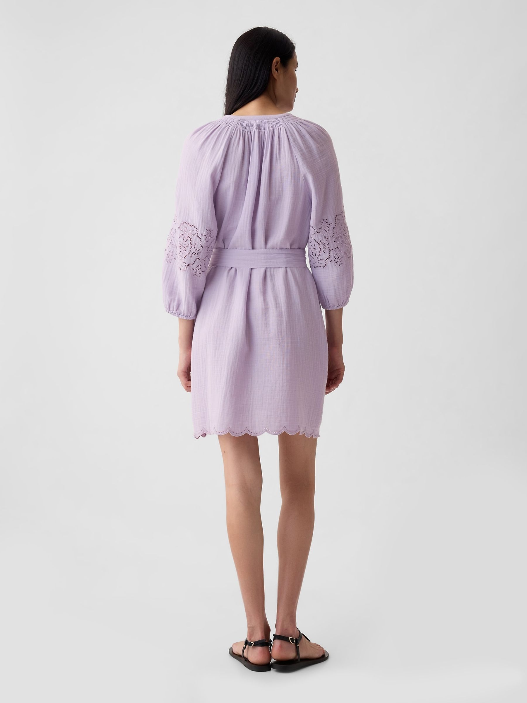 Purple Crinkle Cotton Embroidered Elbow Sleeve Mini Dress - Image 2 of 6
