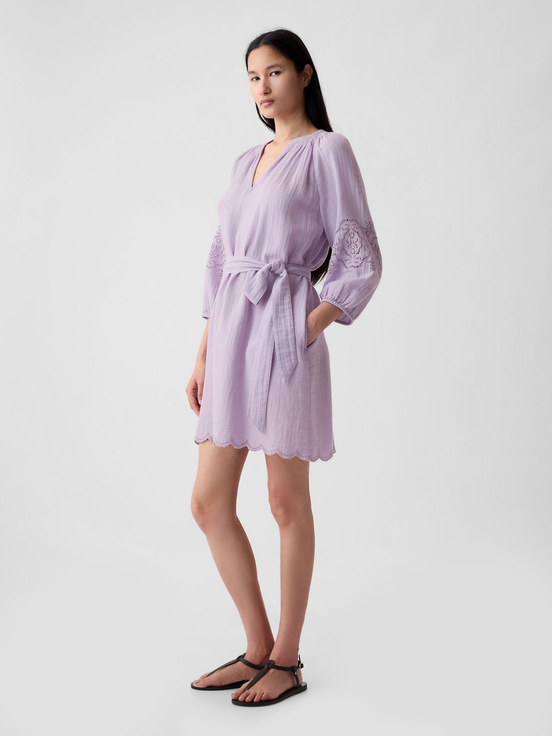 Purple Crinkle Cotton Embroidered Elbow Sleeve Mini Dress - Image 3 of 6