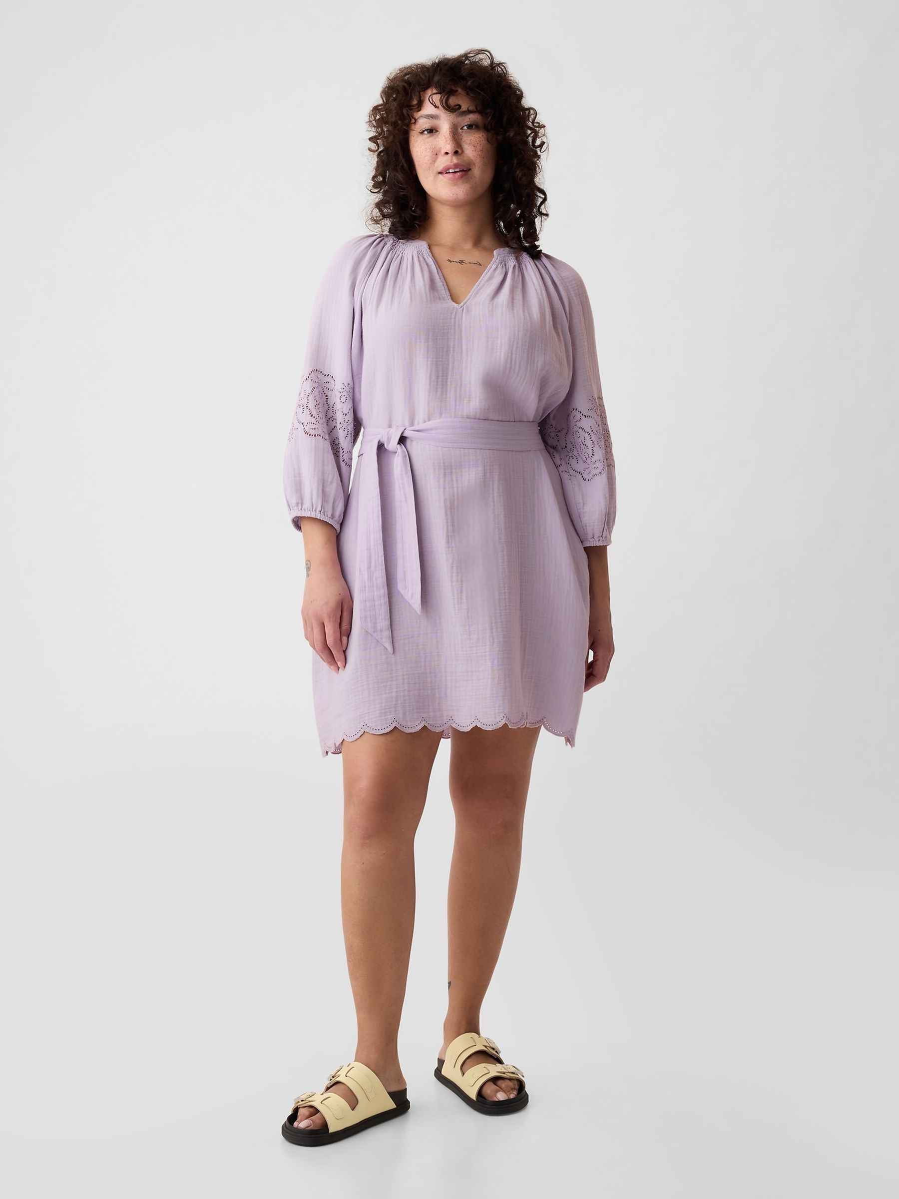Purple Crinkle Cotton Embroidered Elbow Sleeve Mini Dress - Image 4 of 6