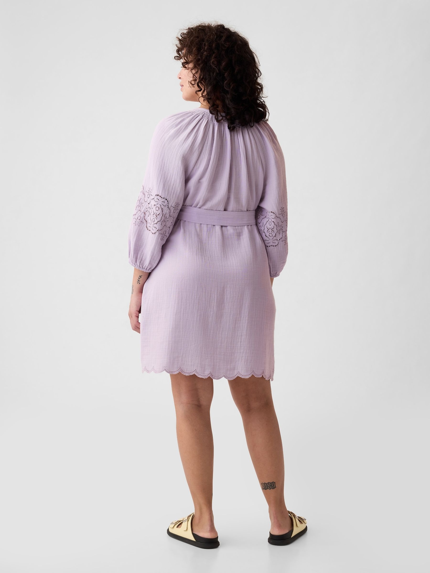 Purple Crinkle Cotton Embroidered Elbow Sleeve Mini Dress - Image 5 of 6