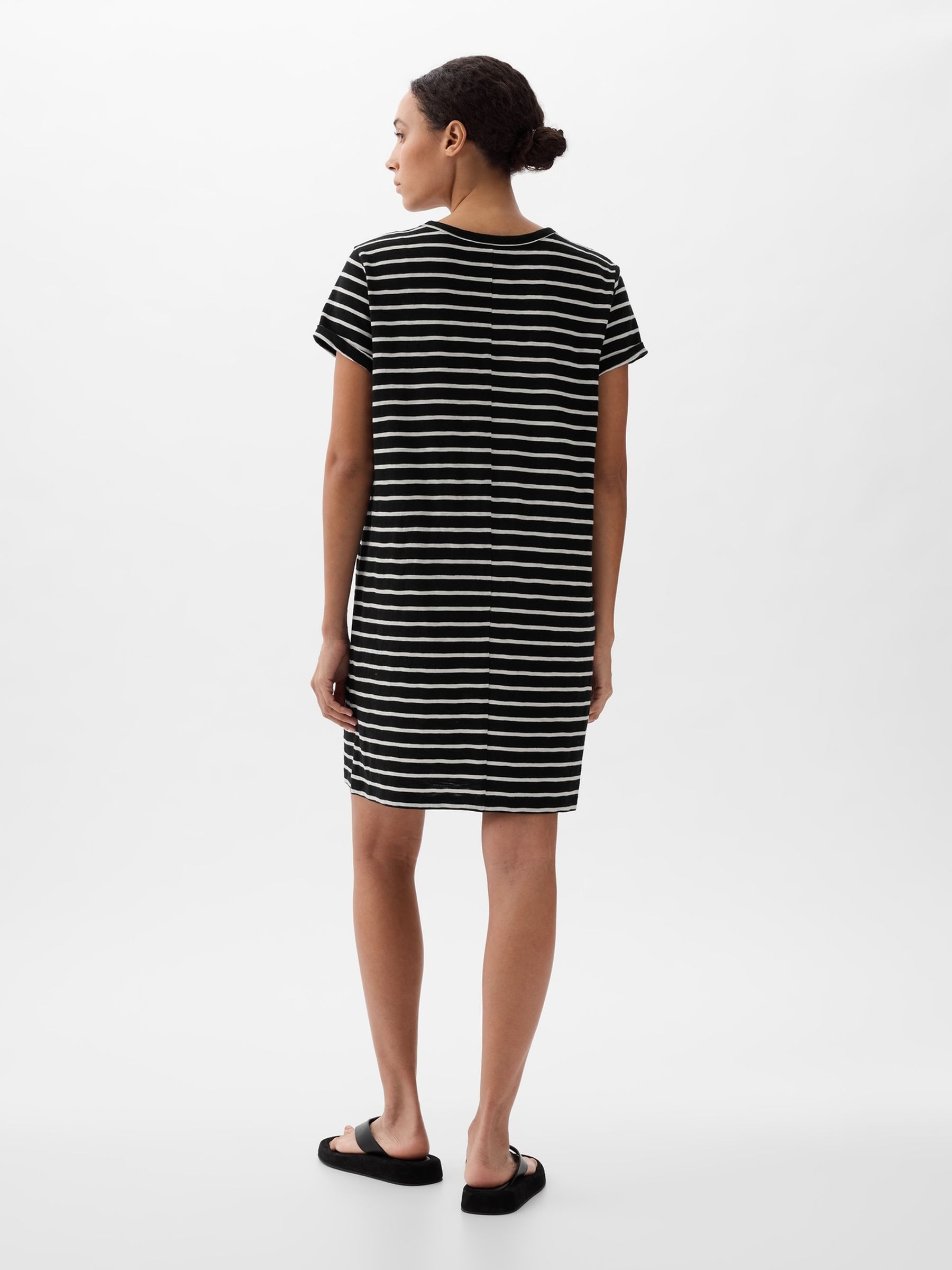 Black/White Crew Neck Short Sleeve Pocket Mini T-Shirt Dress - Image 2 of 2